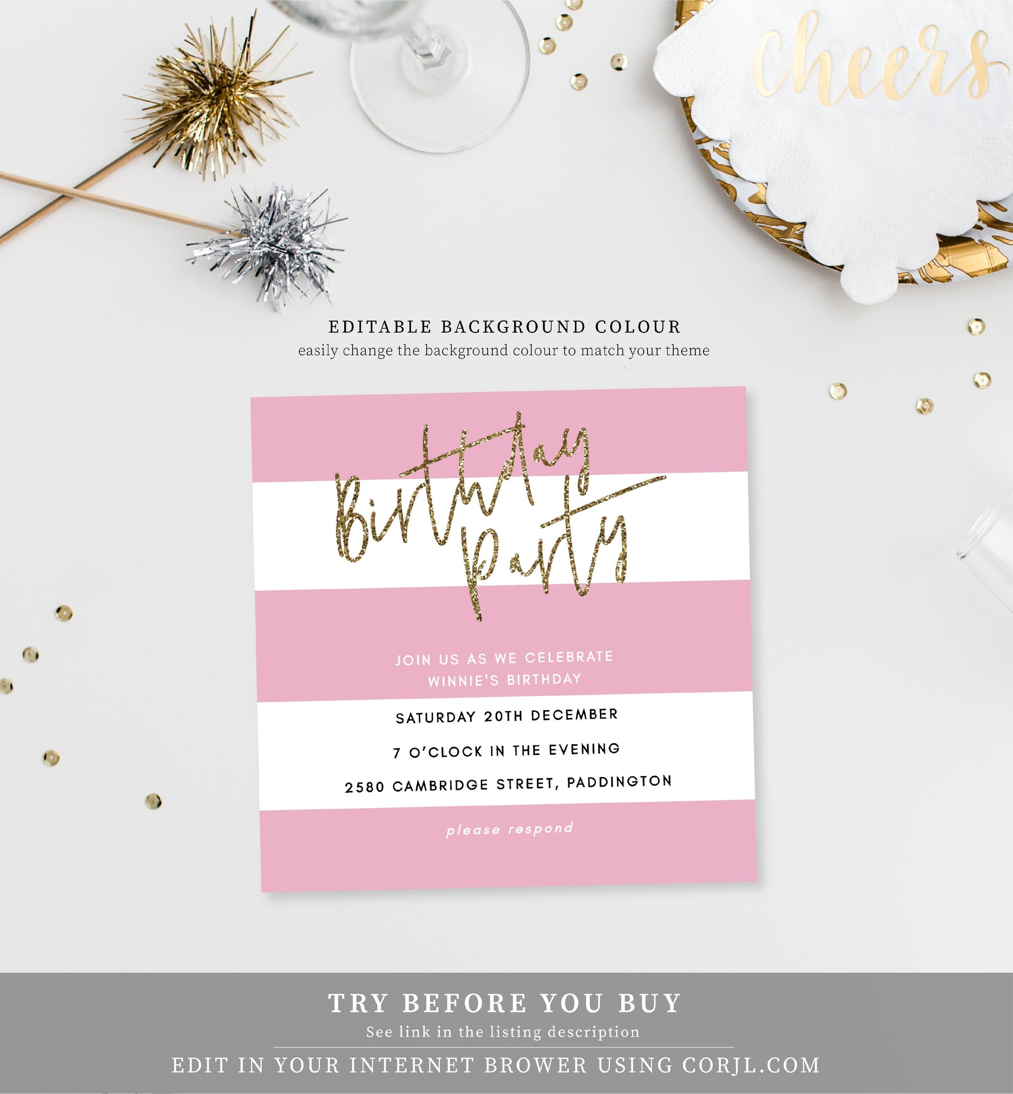 Stripe Black White Printable Birthday Invitation Black Bow Studio