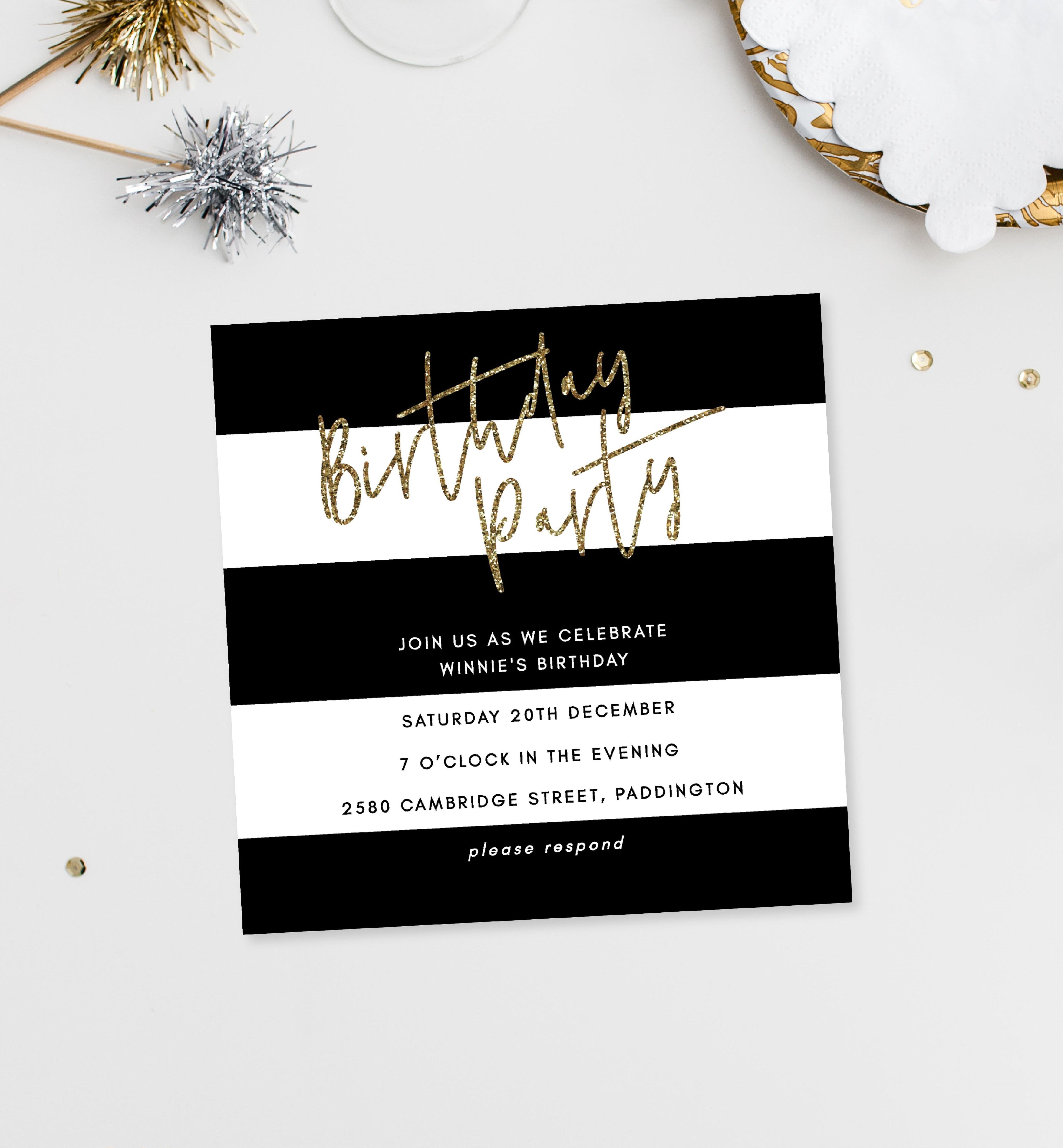 Stripe Black White Printable Birthday Invitation Black Bow Studio