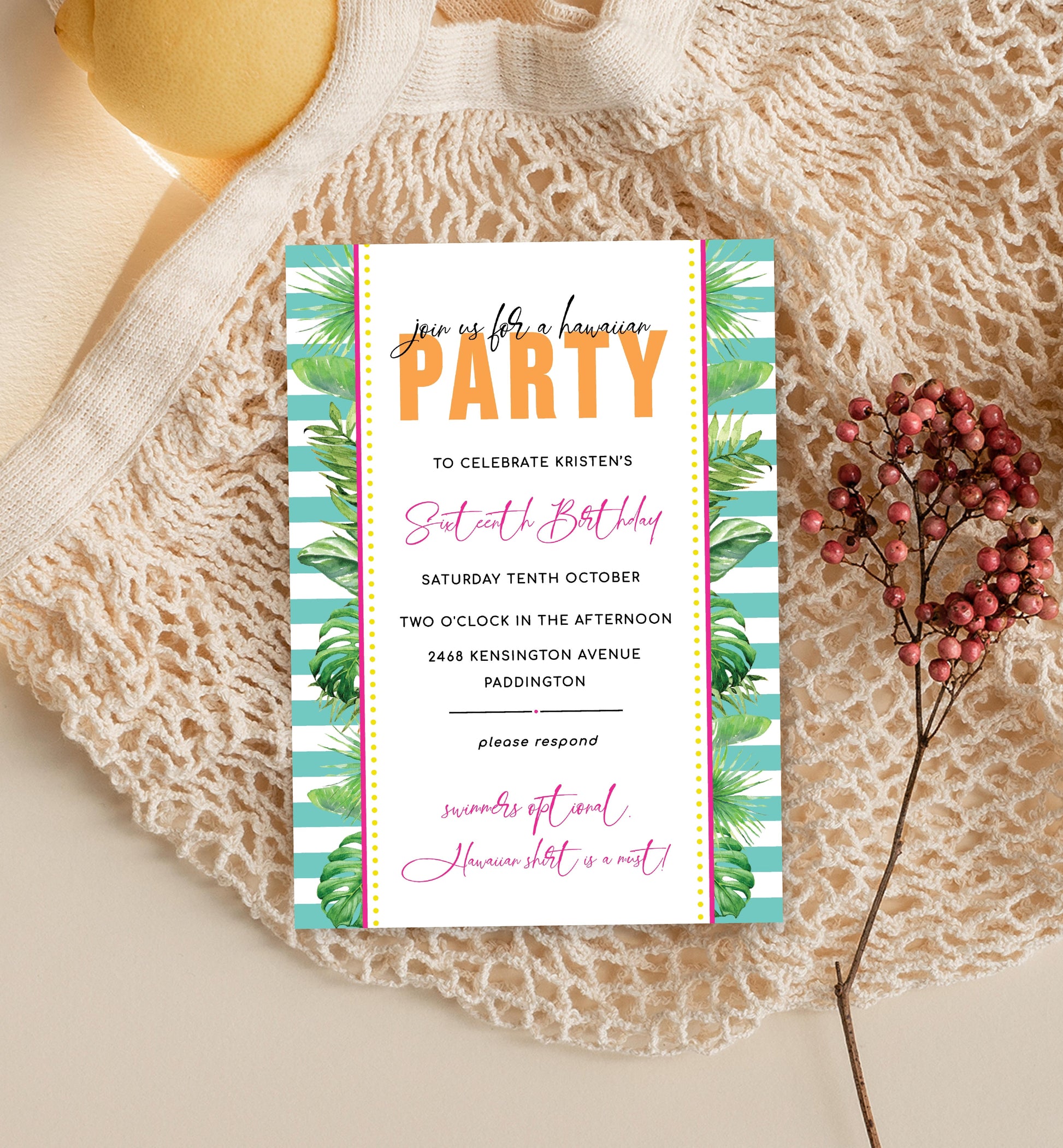 Printable Tropical Birthday Invitation, Editable Hawaiian Party Birthday Invitation, Male Birthday, Tropical Palm Evite, Kids Pool Party