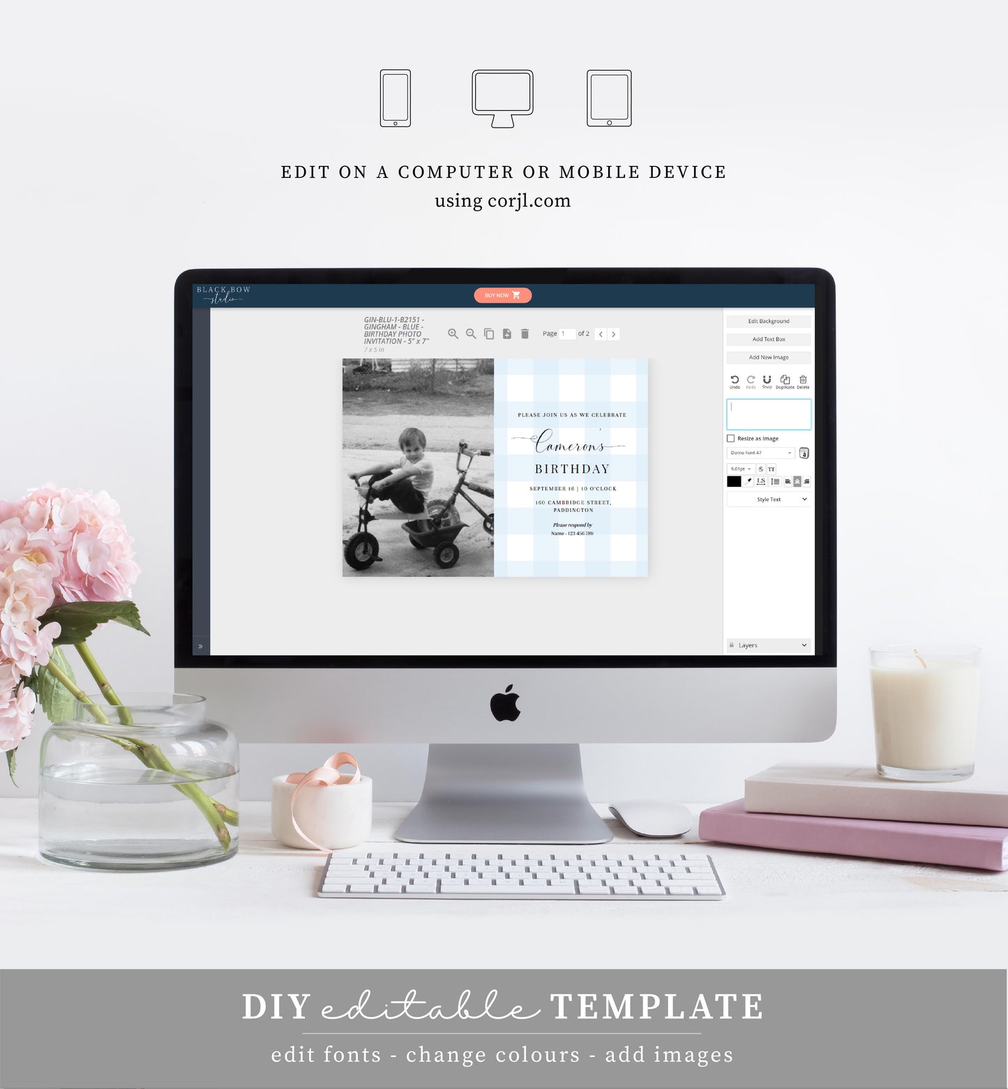 Gingham Blue | Printable Birthday Photo Invitation Template