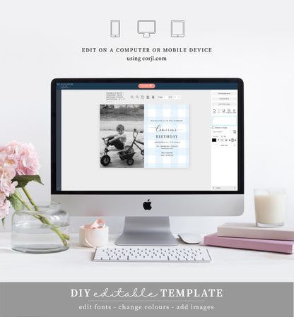 Gingham Blue | Printable Birthday Photo Invitation Template
