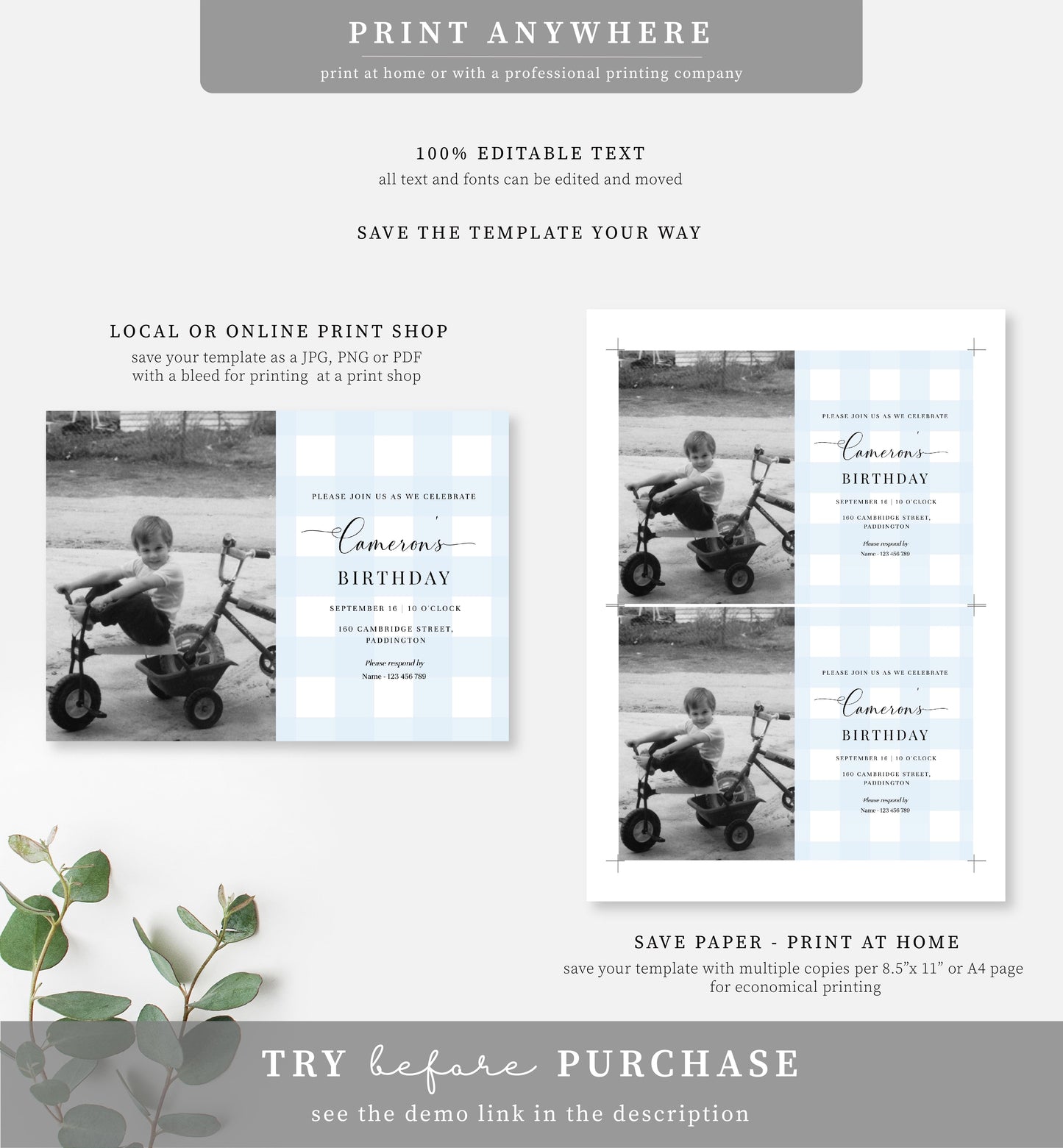 Gingham Blue | Printable Birthday Photo Invitation Template