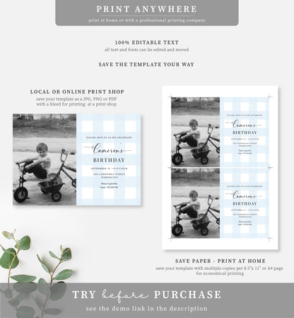 Gingham Blue | Printable Birthday Photo Invitation Template