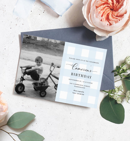 Gingham Blue | Printable Birthday Photo Invitation Template