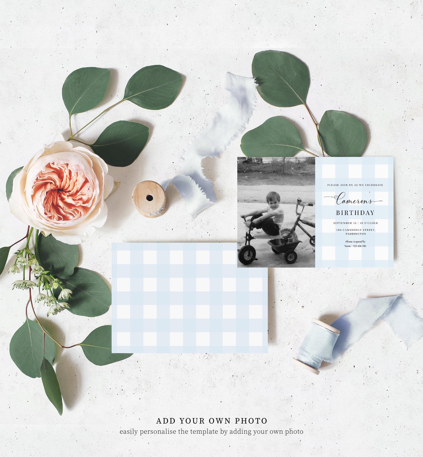 Gingham Blue | Printable Birthday Photo Invitation Template