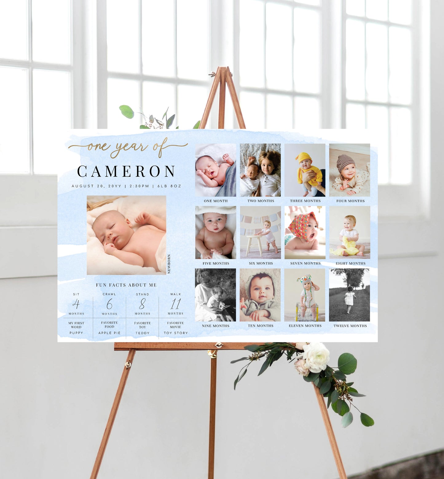 Watercolour Blue | Printable First Year Photo Timeline Sign Template