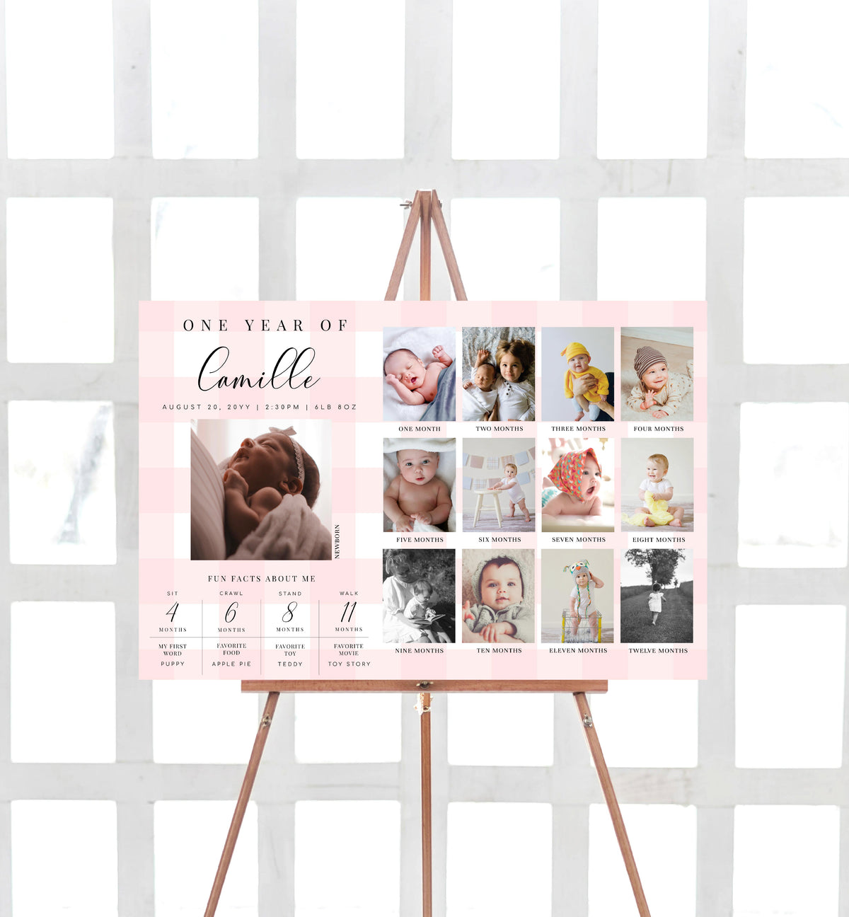 Gingham Pink | Printable Birthday Photo Timeline Sign Template – Black ...