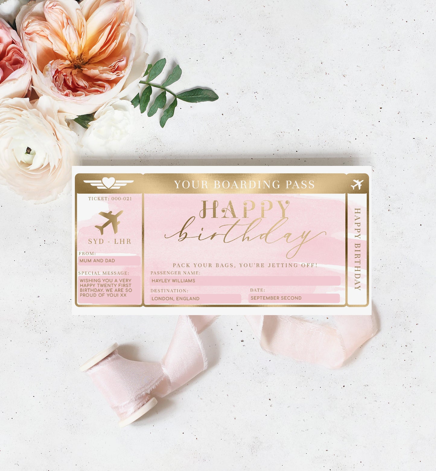 Watercolour Pink | Printable Birthday Boarding Pass - Black Bow Studio