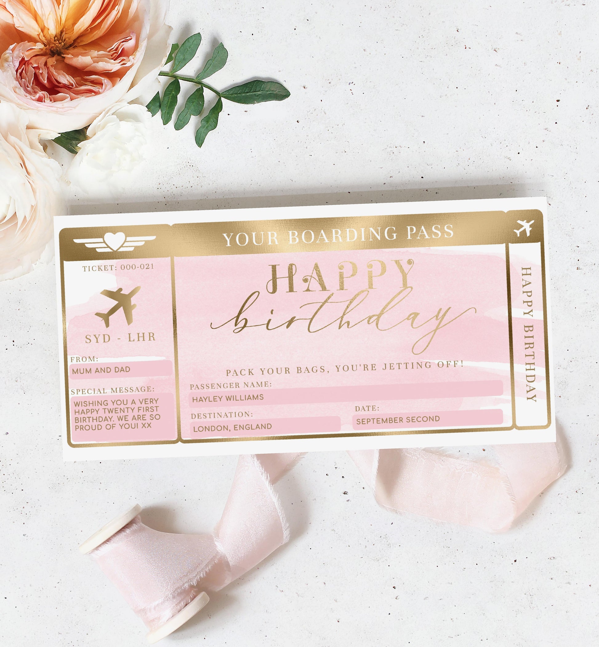 Watercolour Pink | Printable Birthday Boarding Pass - Black Bow Studio