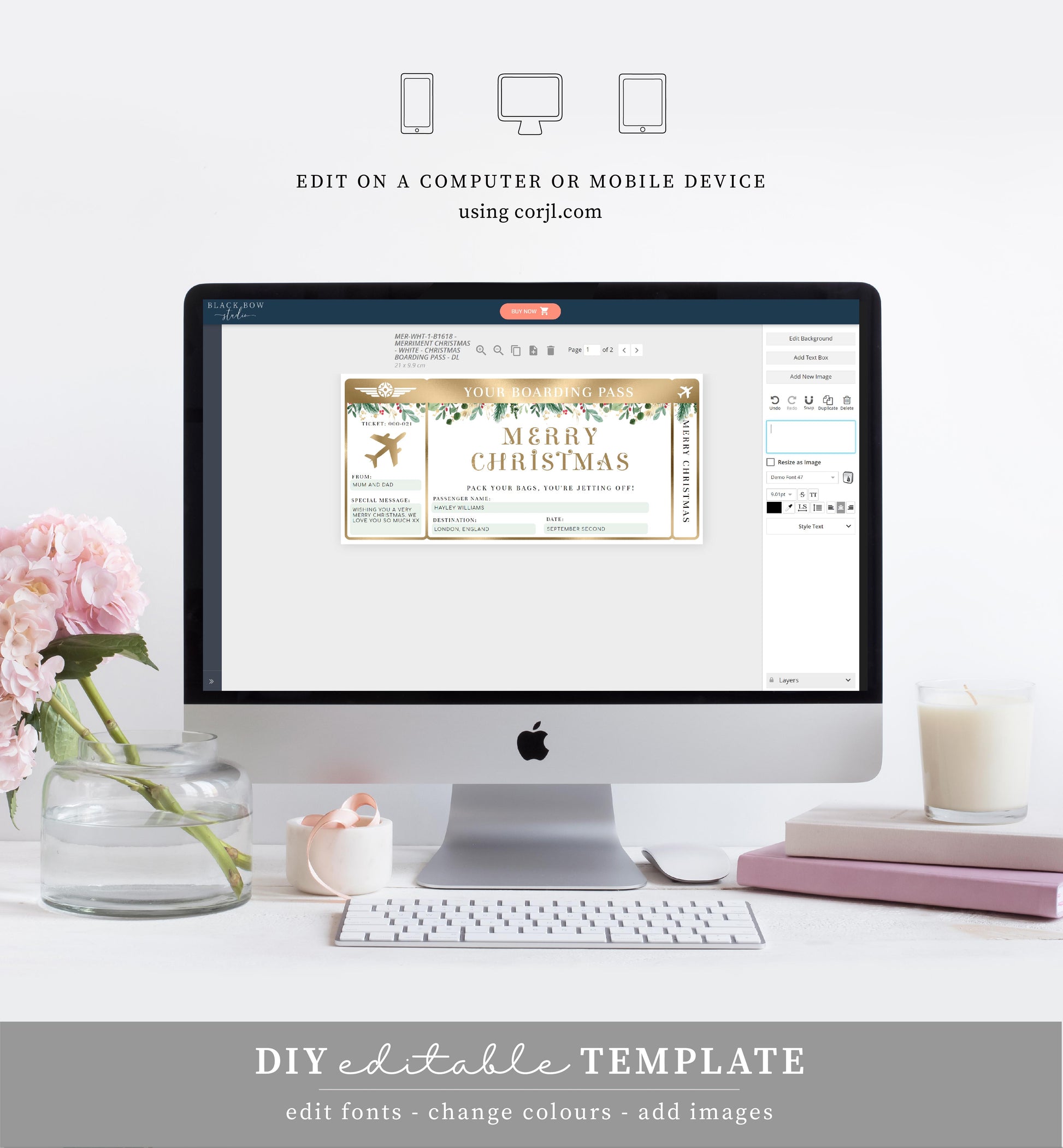 Merriment Christmas | Printable Merry Christmas Boarding Pass - Black Bow Studio