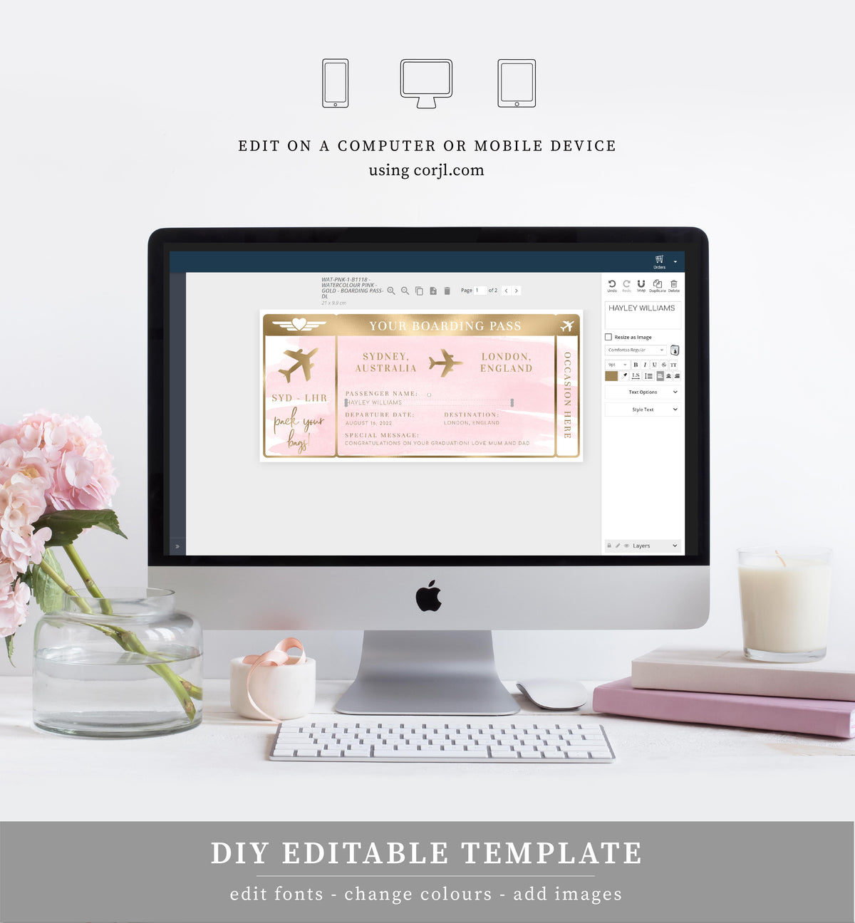 Watercolour Pink | Printable Boarding Pass – Black Bow Studio