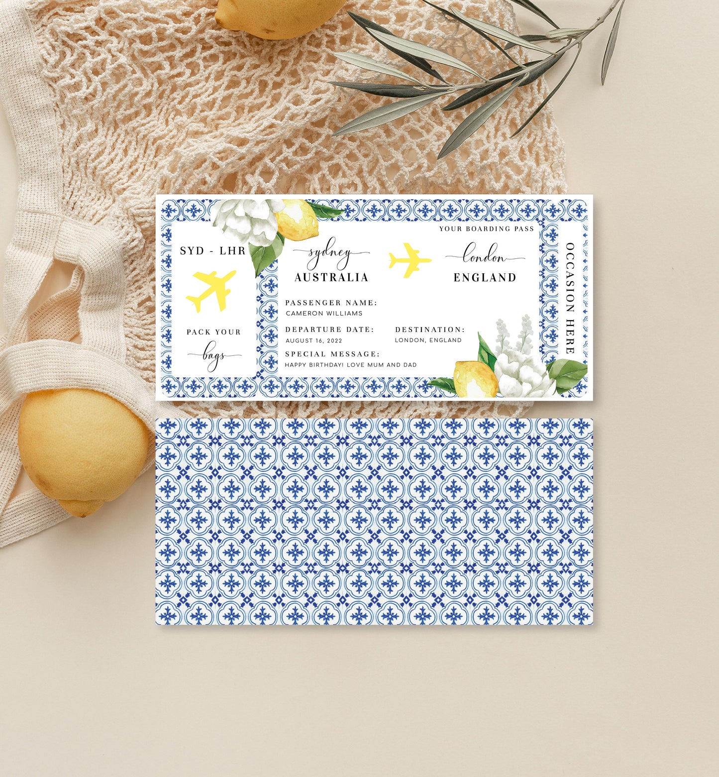 The Med Lemons | Printable Boarding Pass - Black Bow Studio