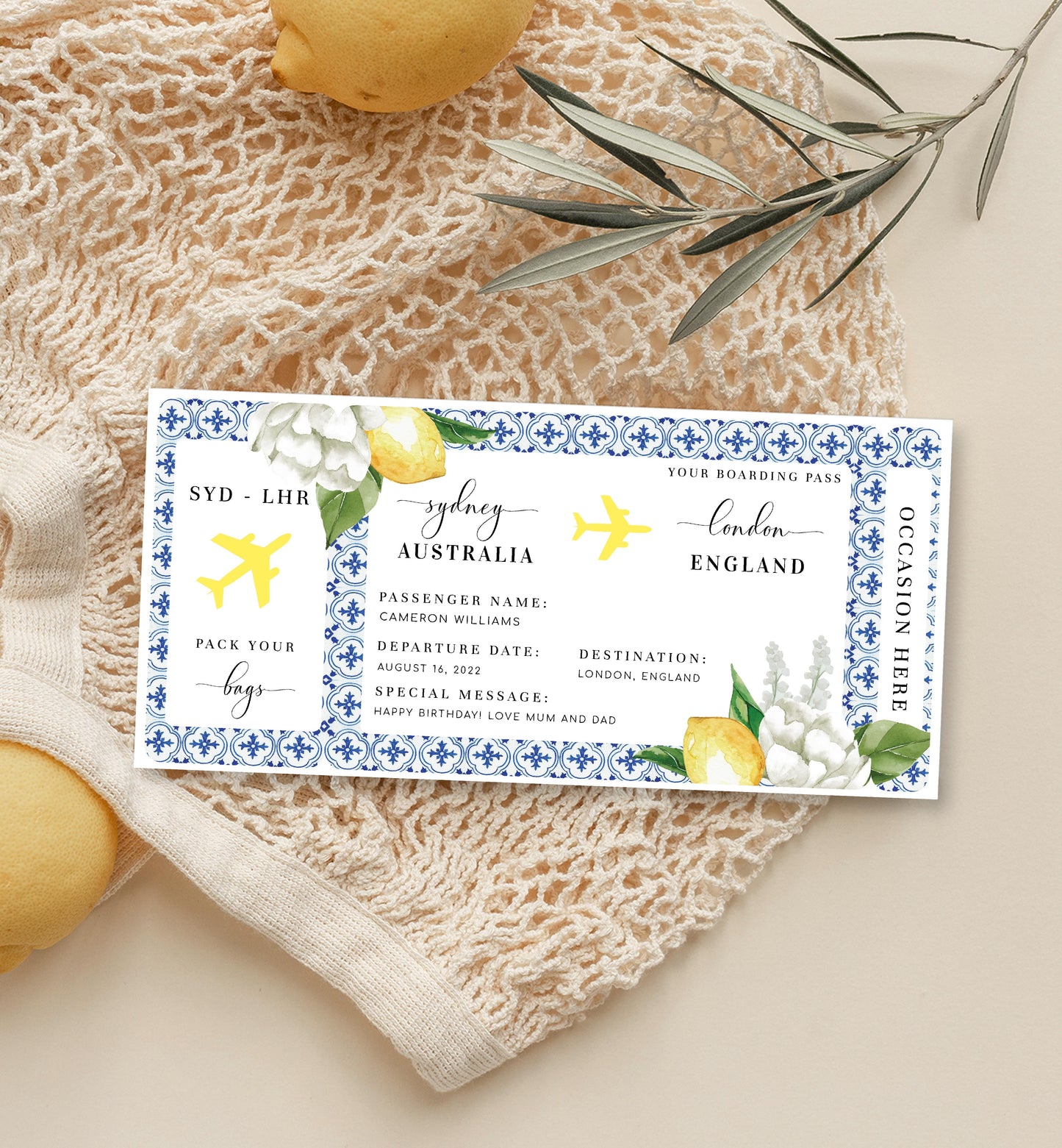 The Med Lemons | Printable Boarding Pass - Black Bow Studio