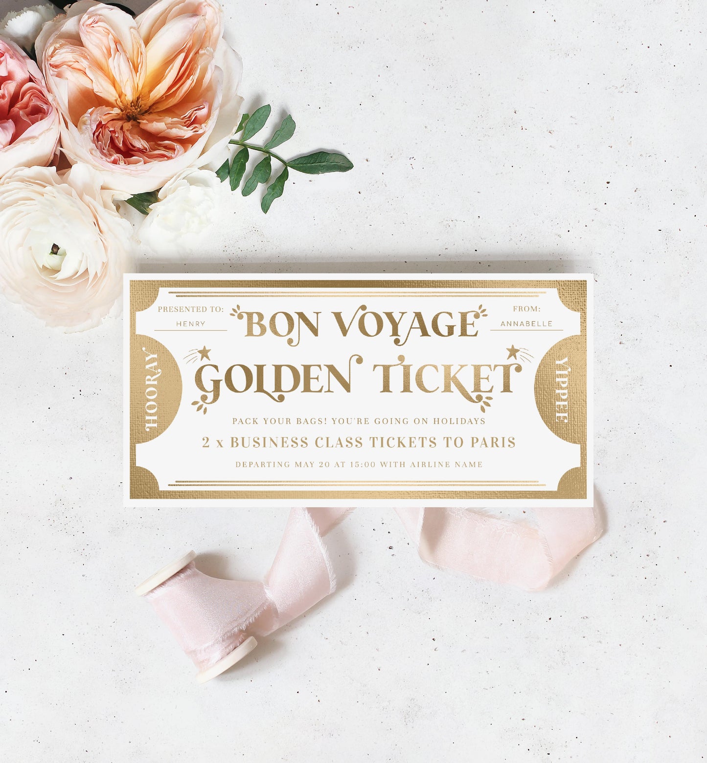 Golden Ticket Gold | Printable Bon Voyage Custom Gift Voucher Template