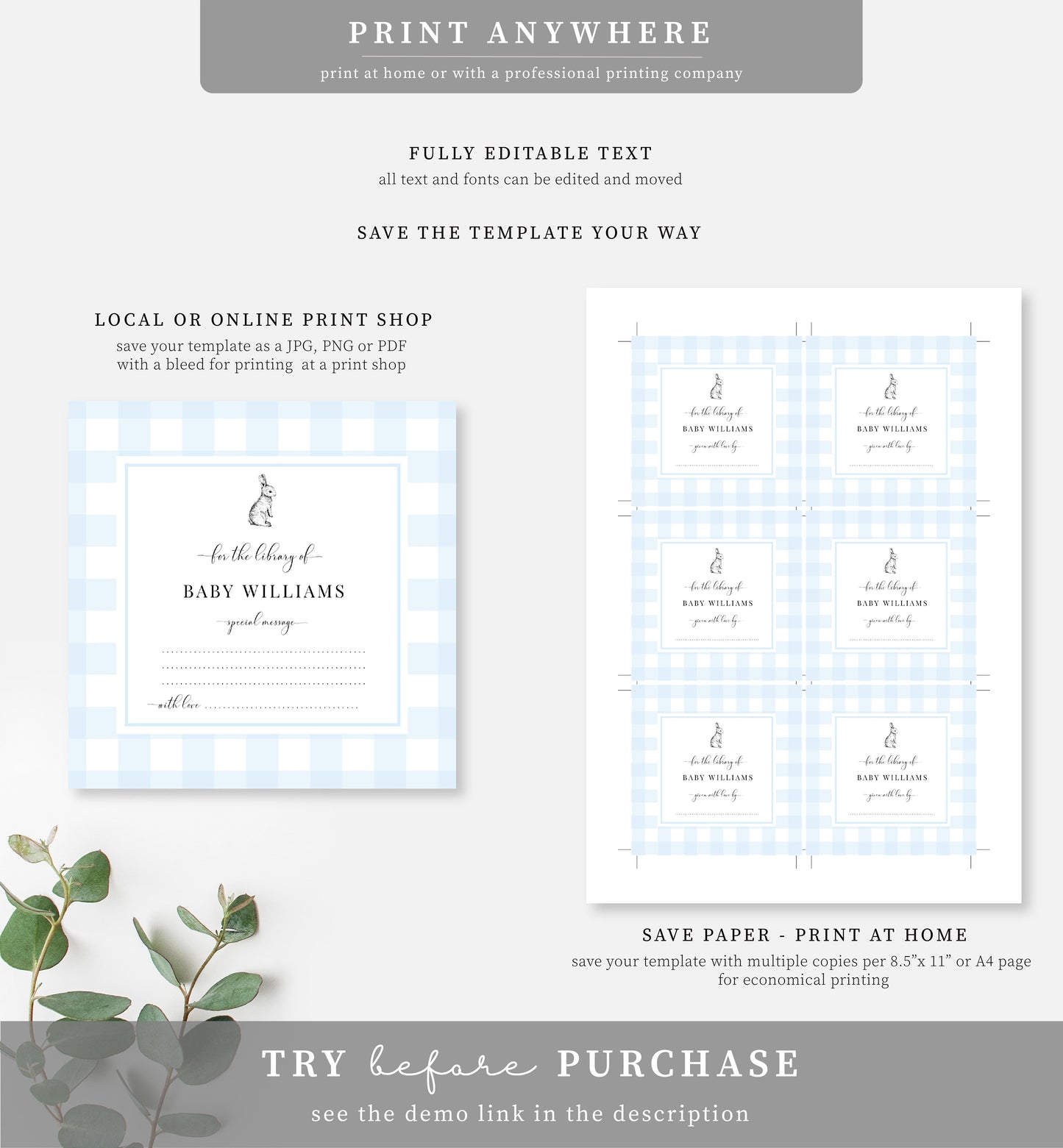 Gingham Blue Bunny | Printable Bookplate Label Template