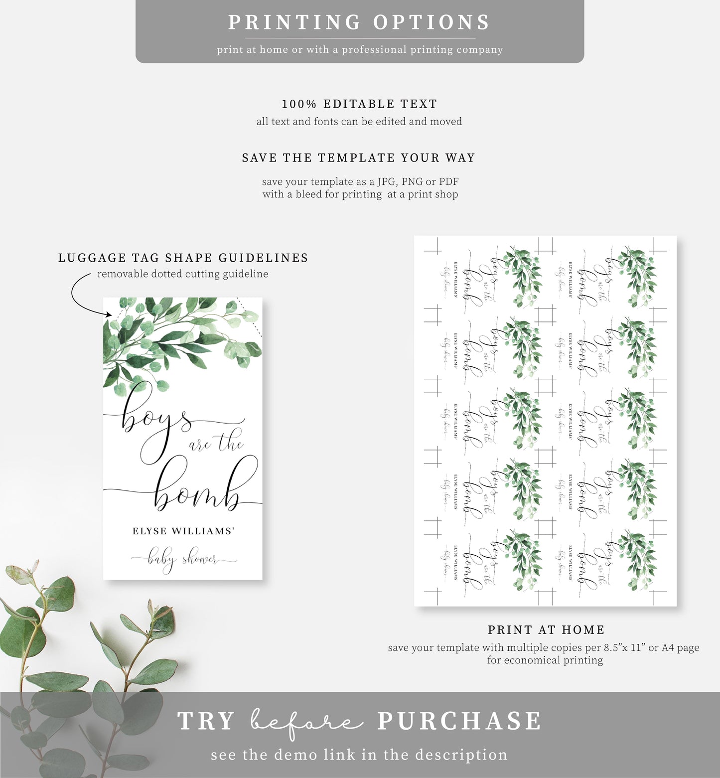 Everly Greenery | Printable Bath Bomb Favour Tags Template