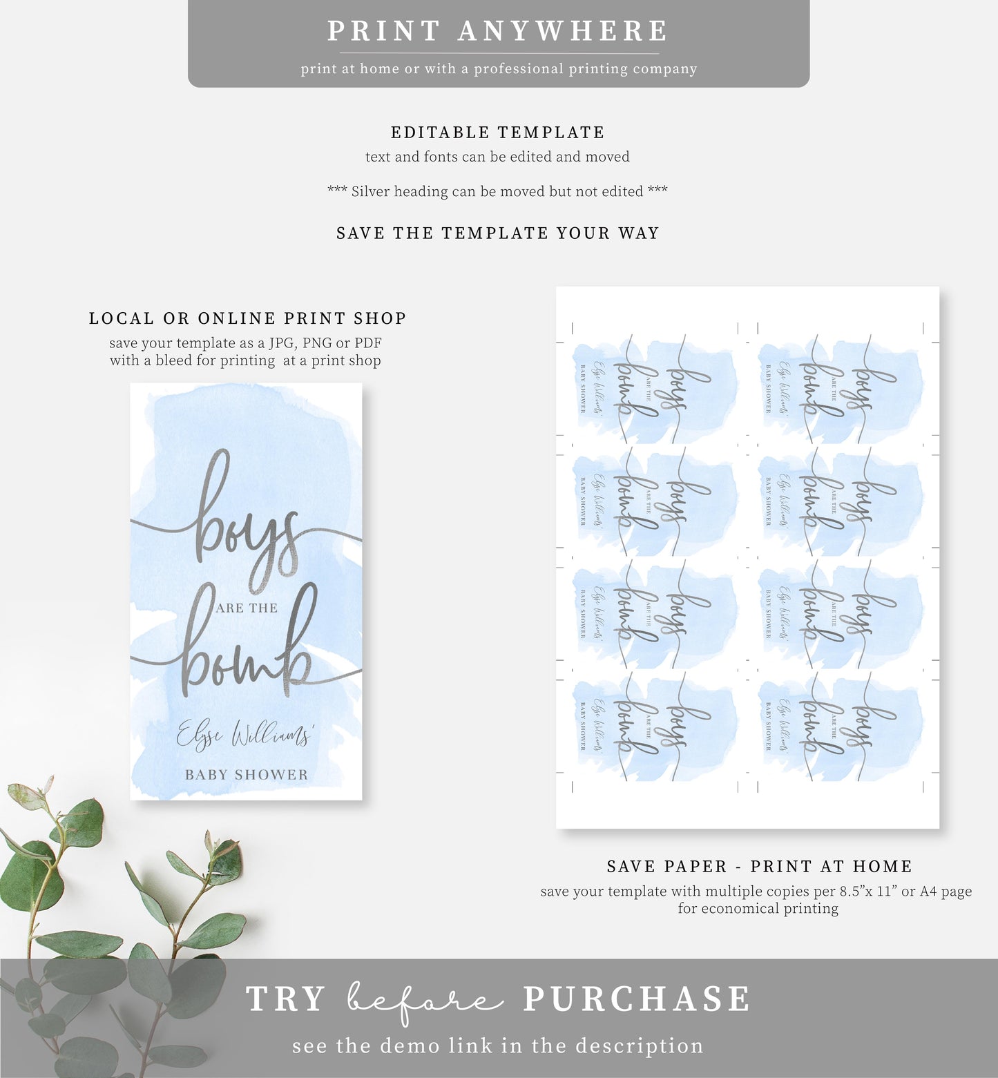 Watercolour Blue Silver | Printable Bath Bomb Favour Tags