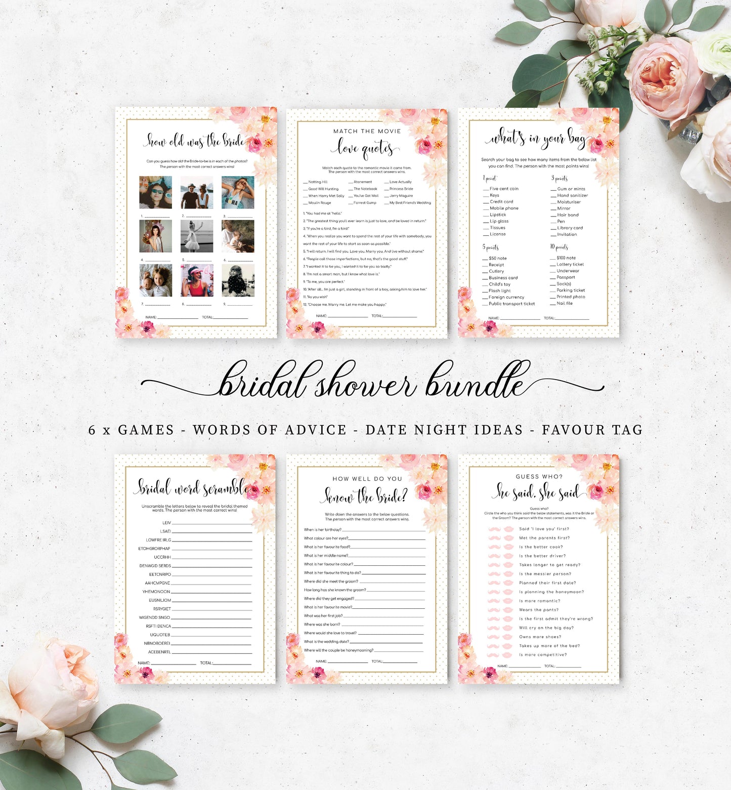 Abbieville Floral White | Printable Bridal Shower Games Bundle Template - Black Bow Studio