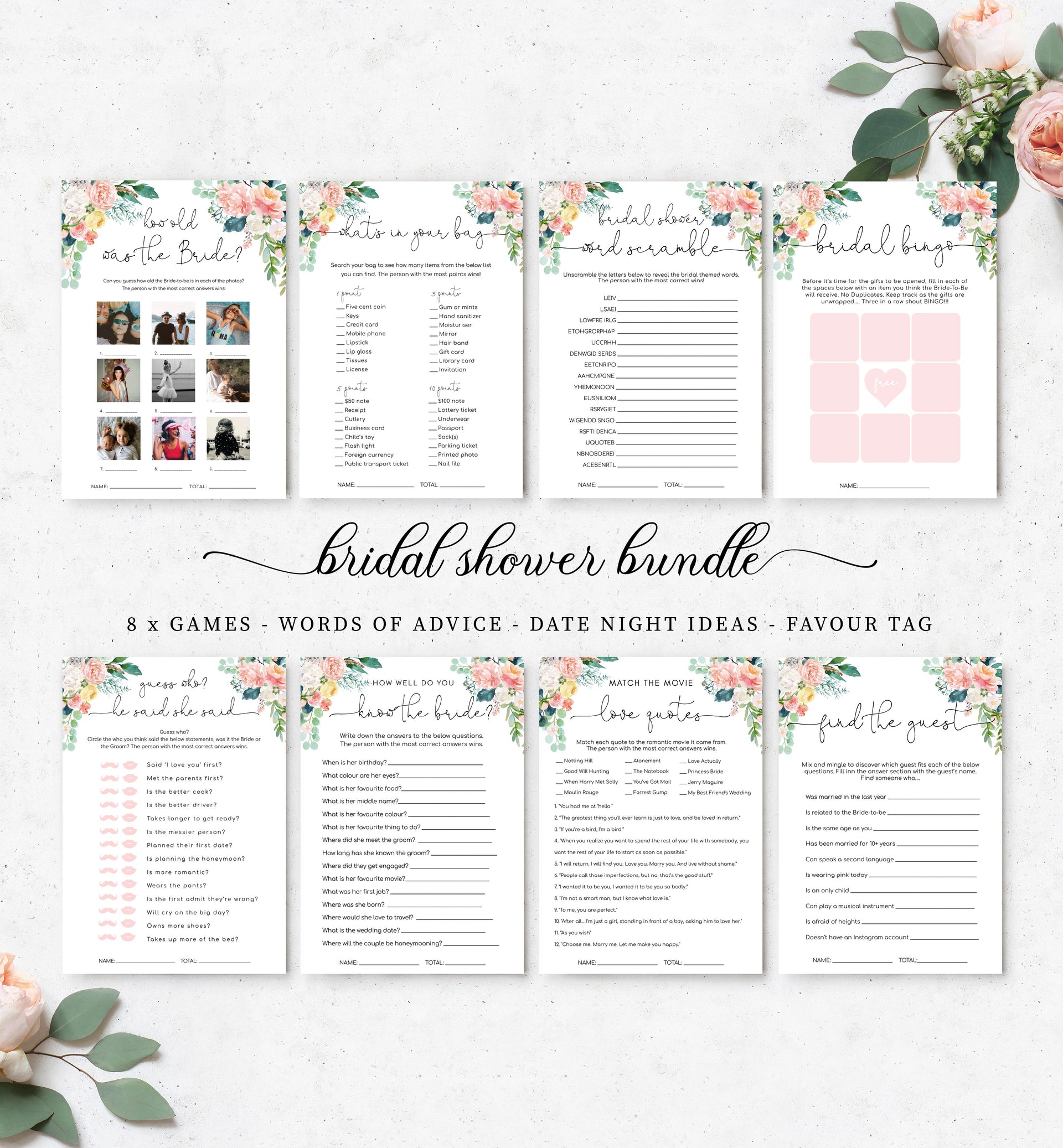 Afternoon Blooms | Printable Bridal Shower Games Bundle Template – Black Bow Studio for Printable Free Bridal Shower Games
