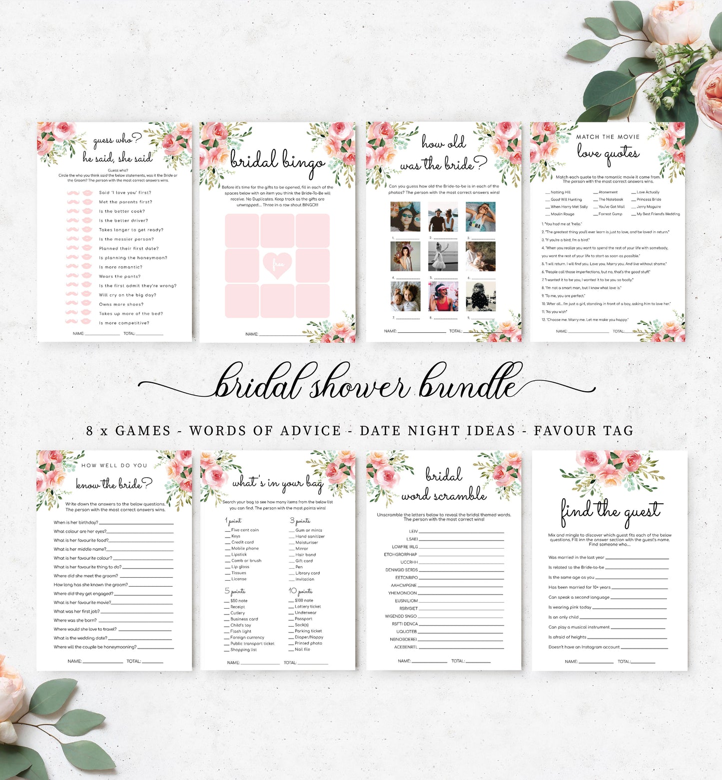 Ashton Floral White | Printable Bridal Shower Games Bundle Template