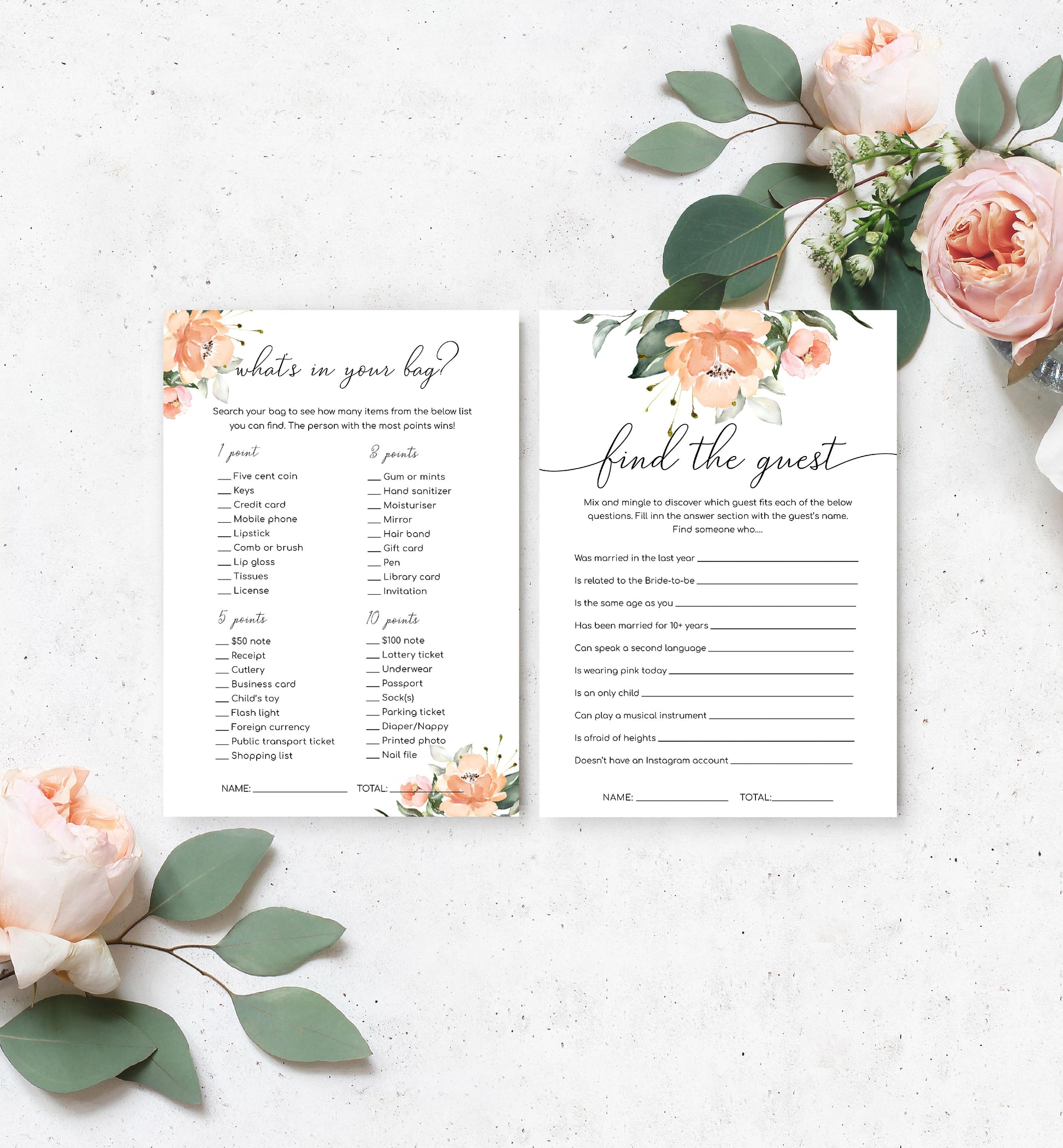 Darcy Floral Peach | Printable Bridal Shower Games Bundle Template - Black Bow Studio