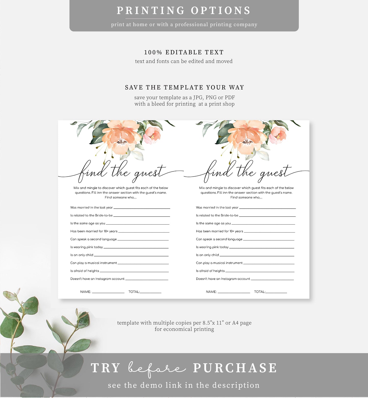 Darcy Floral Peach | Printable Bridal Shower Games Bundle Template - Black Bow Studio