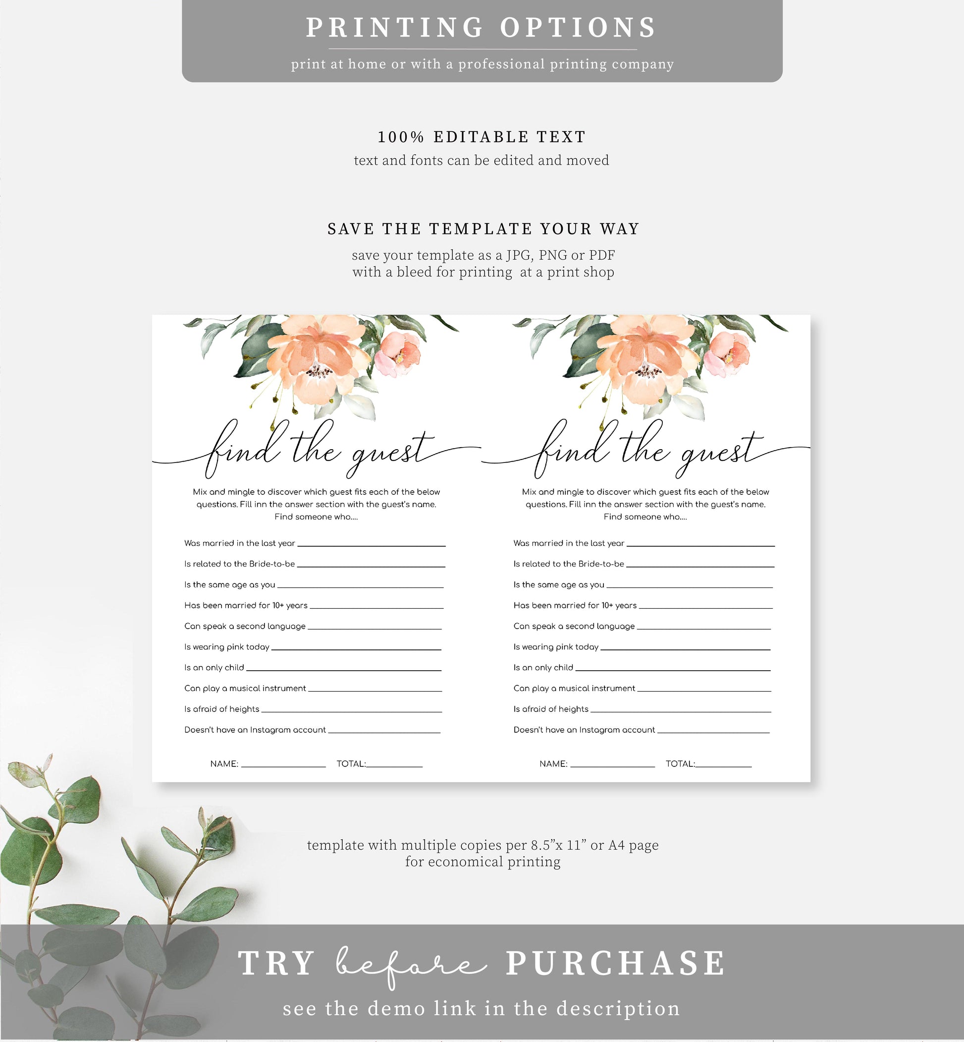 Darcy Floral Peach | Printable Bridal Shower Games Bundle Template - Black Bow Studio