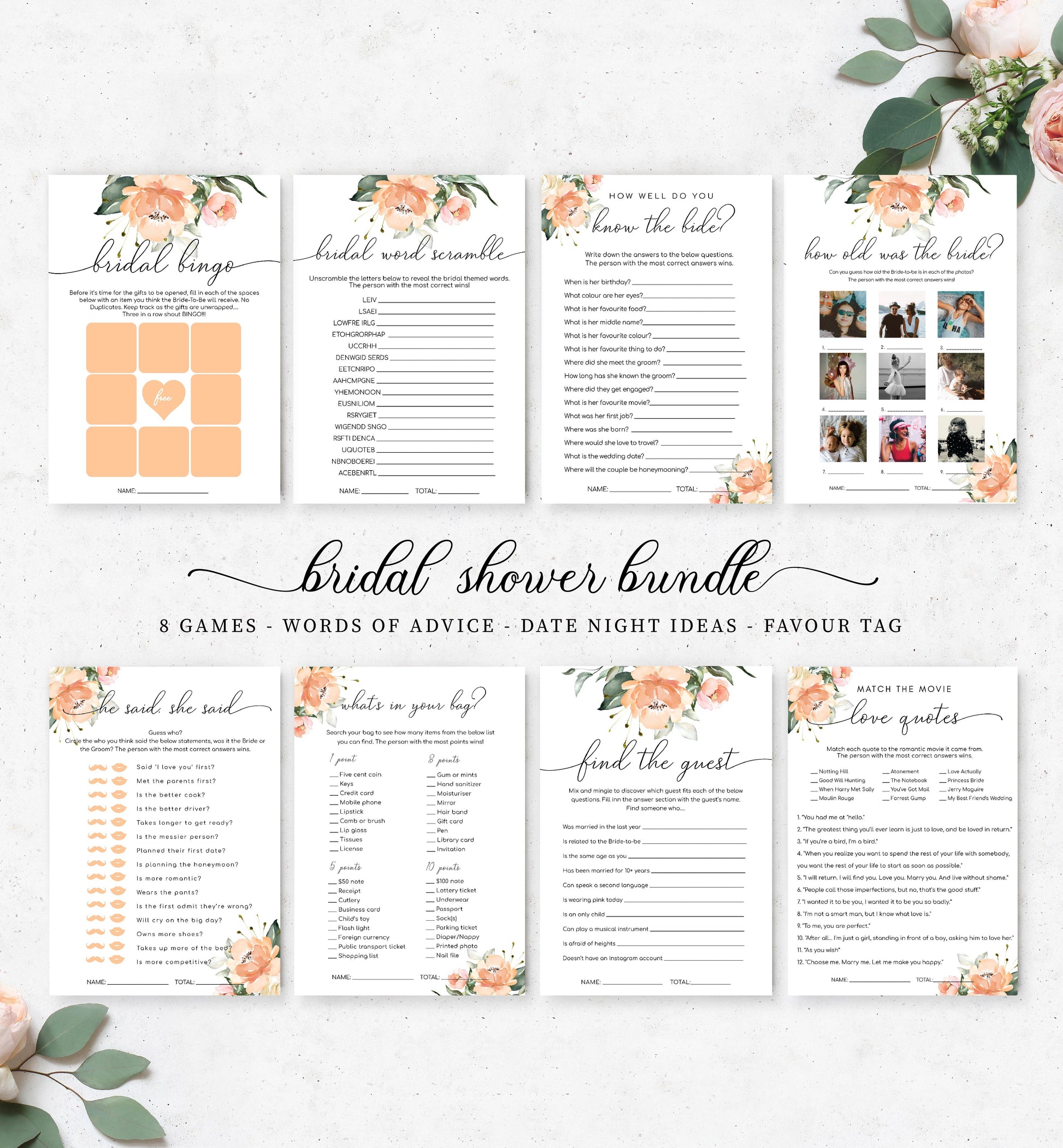 Darcy Floral Peach | Printable Bridal Shower Games Bundle Template - Black Bow Studio