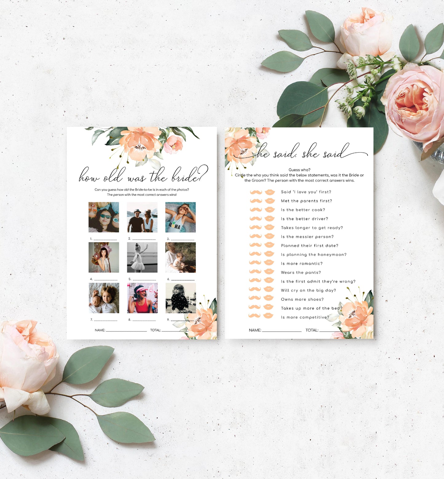 Darcy Floral Peach | Printable Bridal Shower Games Bundle Template - Black Bow Studio