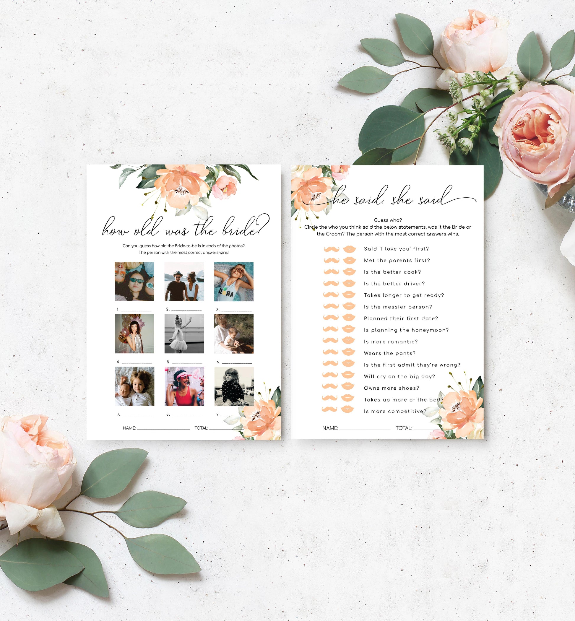 Darcy Floral Peach | Printable Bridal Shower Games Bundle Template - Black Bow Studio