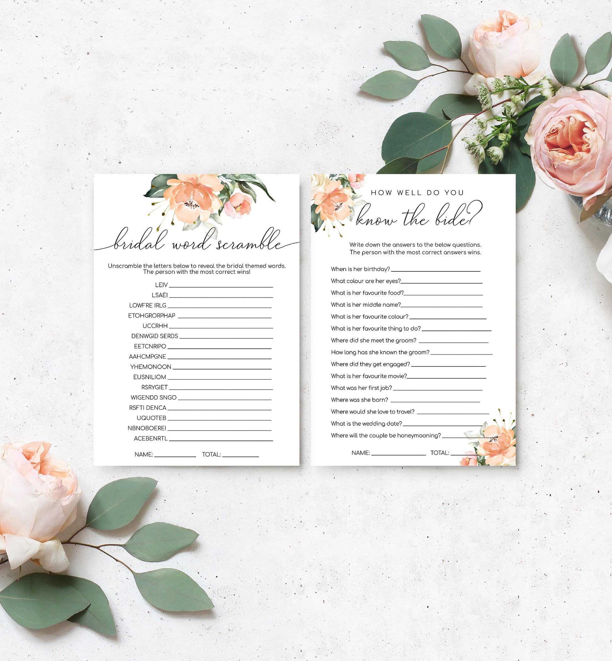 Darcy Floral Peach | Printable Bridal Shower Games Bundle Template - Black Bow Studio