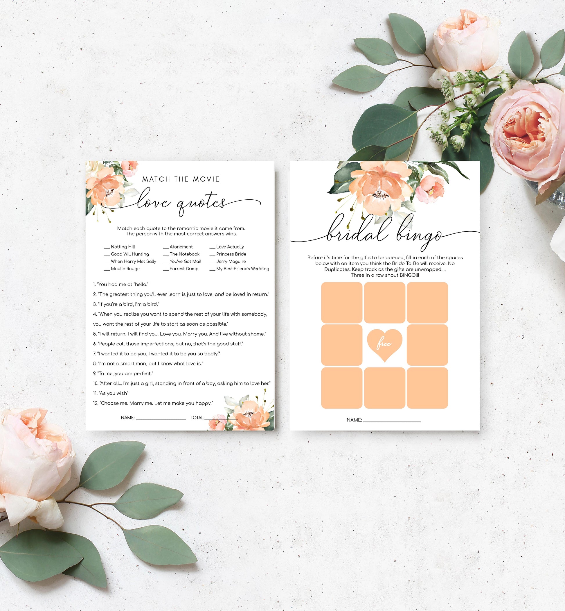 Darcy Floral Peach | Printable Bridal Shower Games Bundle Template - Black Bow Studio
