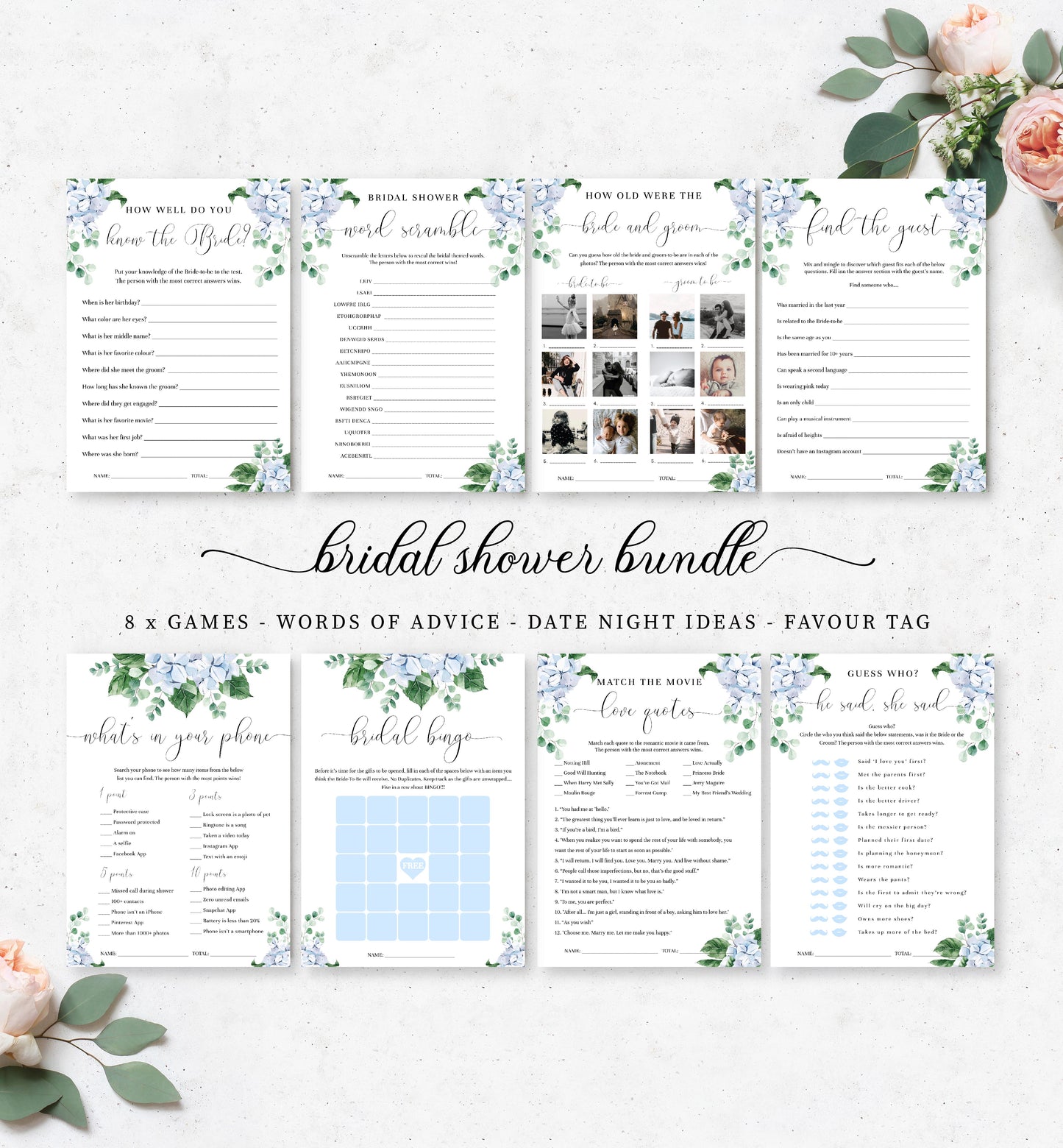 Ferras Blue | Printable Bridal Shower Games Bundle Template