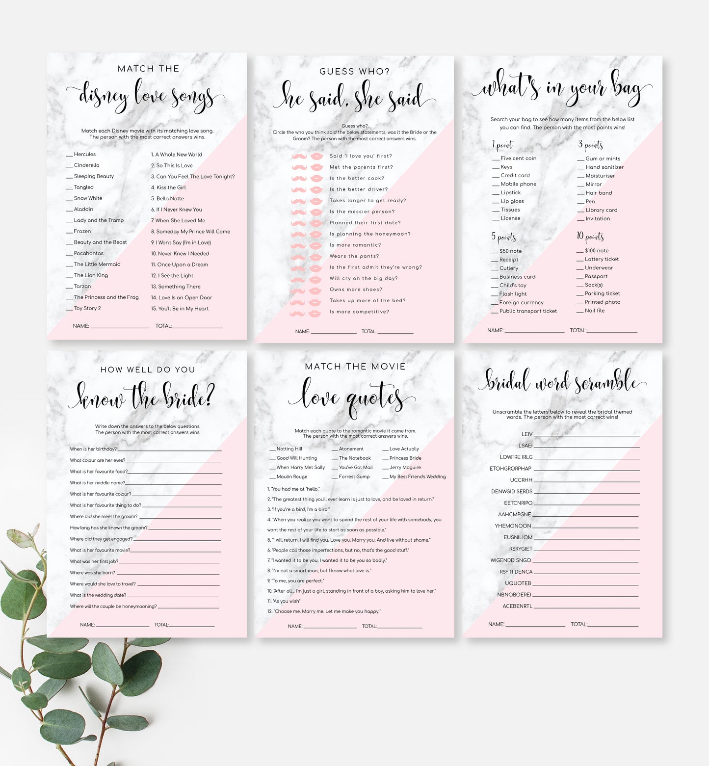 Marble Pink | Printable Bridal Shower Games Bundle - Black Bow Studio
