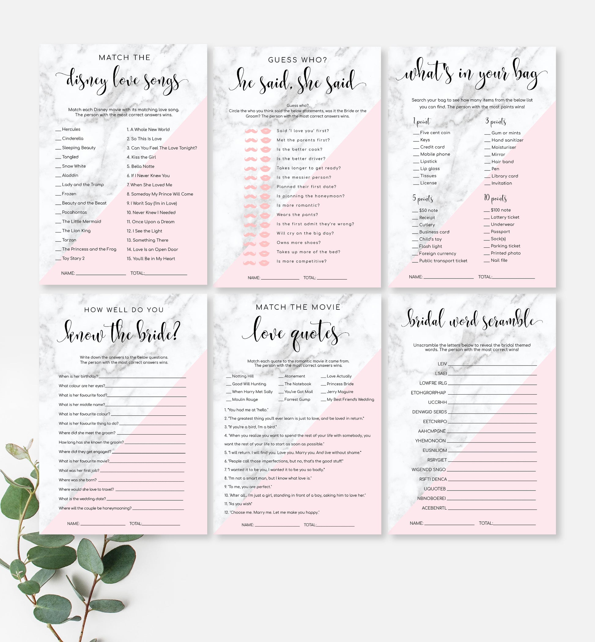 Marble Pink | Printable Bridal Shower Games Bundle - Black Bow Studio