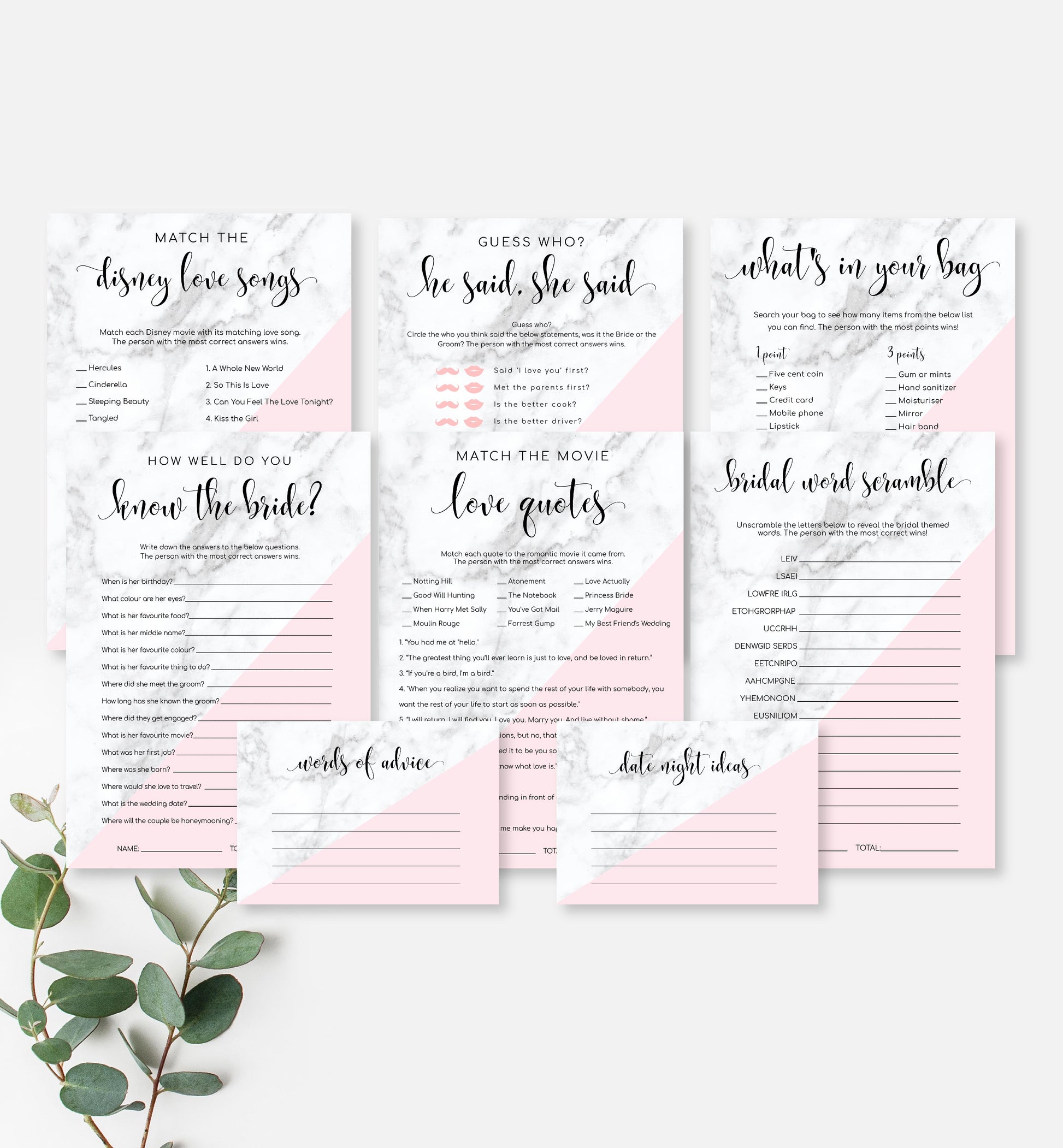 Marble Pink | Printable Bridal Shower Games Bundle - Black Bow Studio