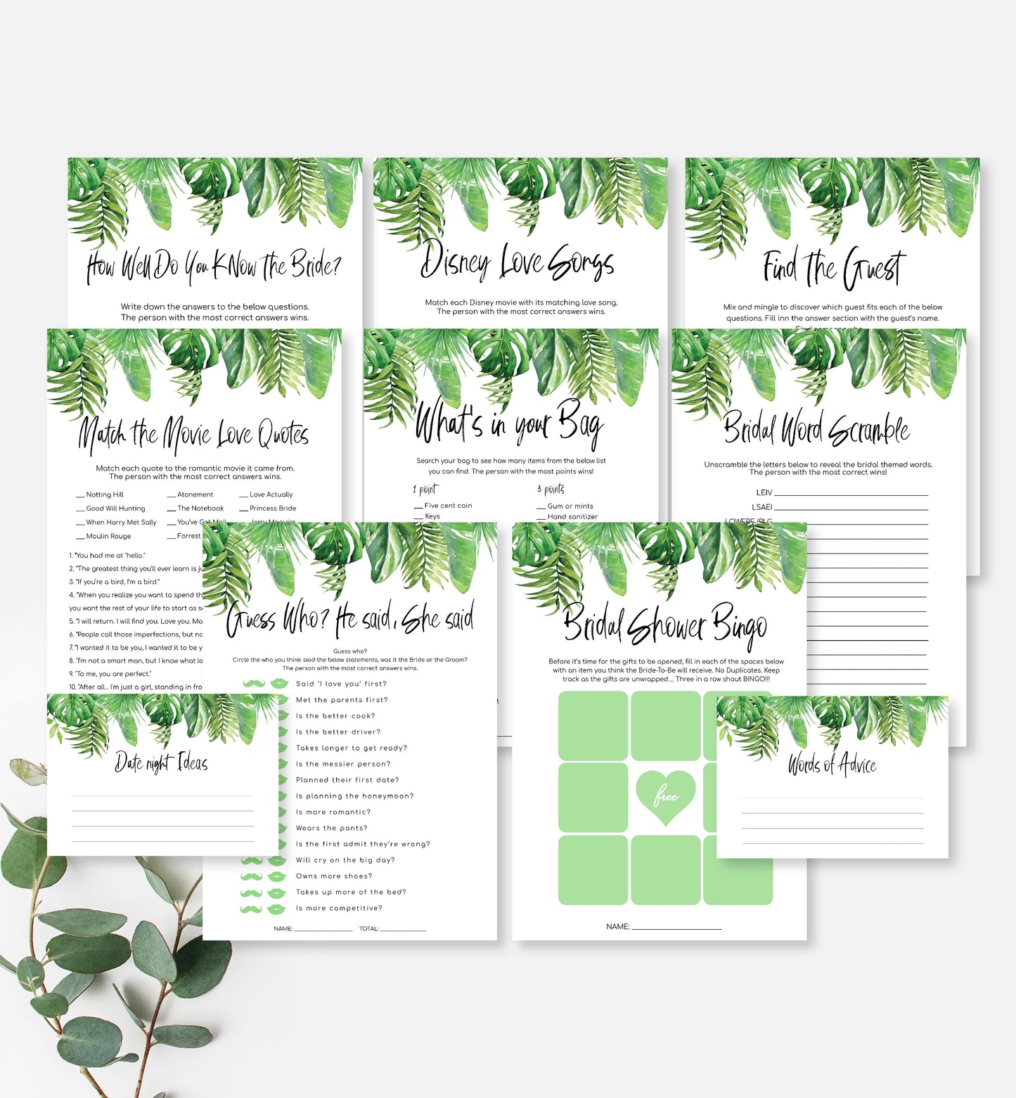 Nantucket Palm Printable Bridal Shower Games Bundle – Black Bow