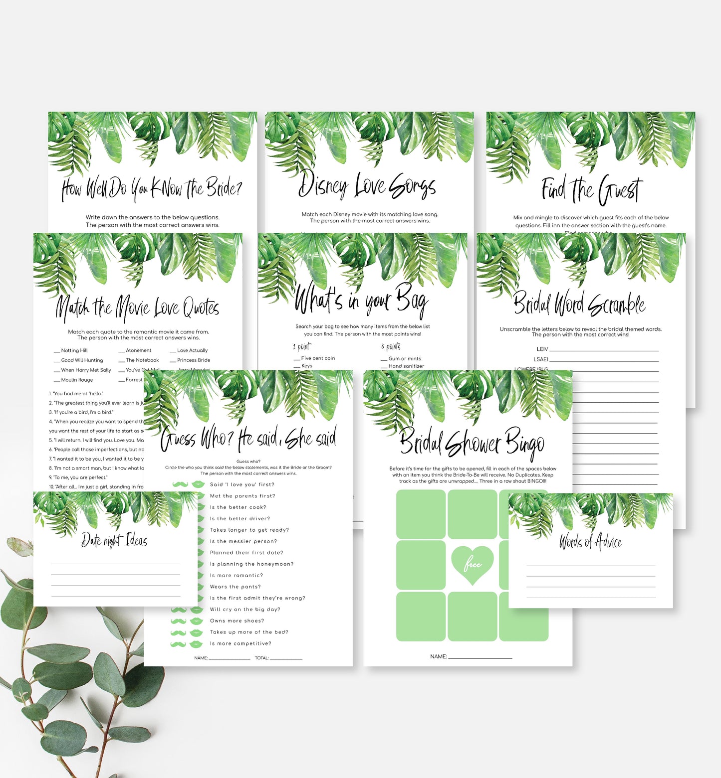 Nantucket Palm  Printable Bridal Shower Games Bundle – Black Bow