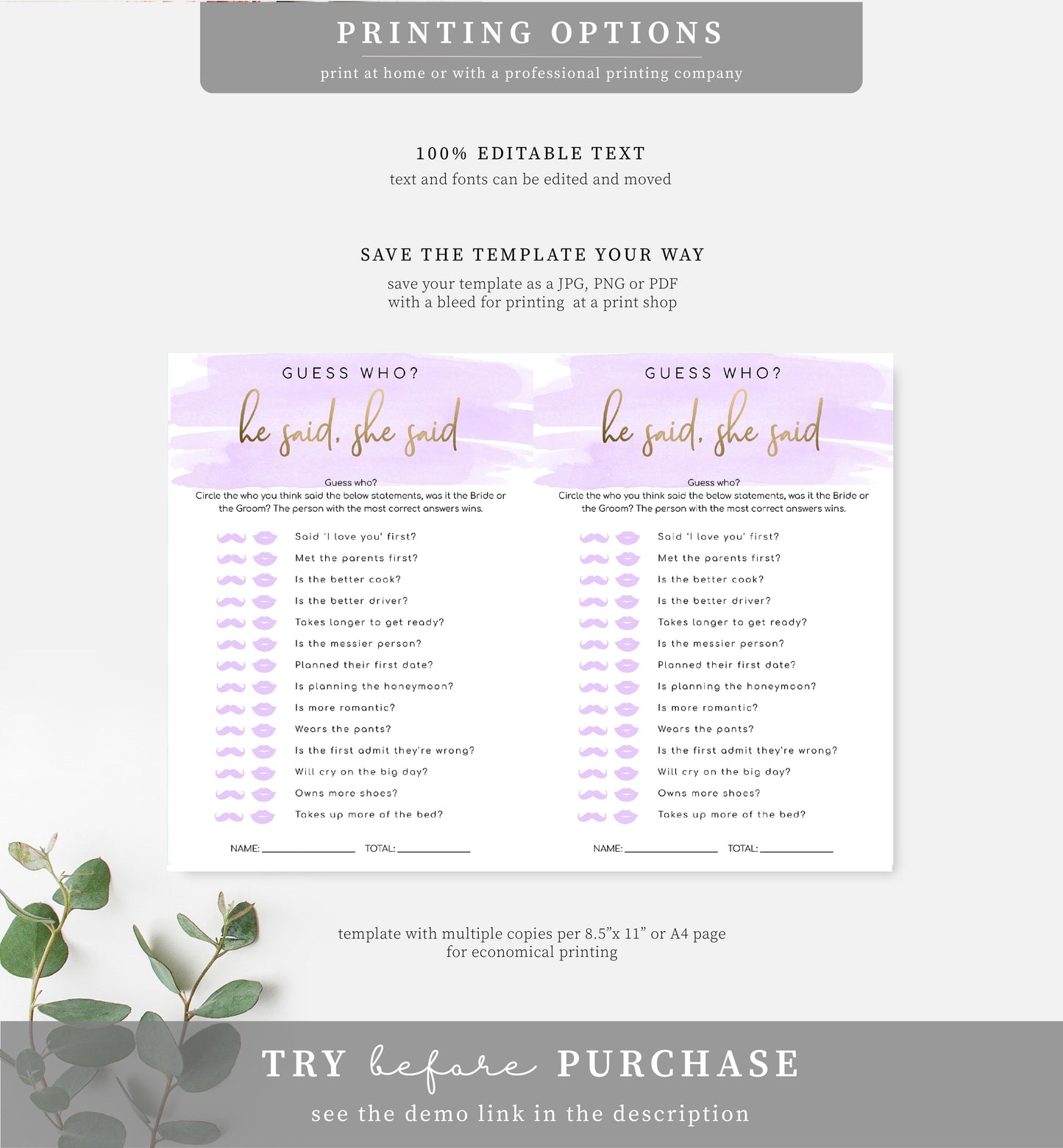 Watercolour Purple | Printable Bridal Shower Games Bundle