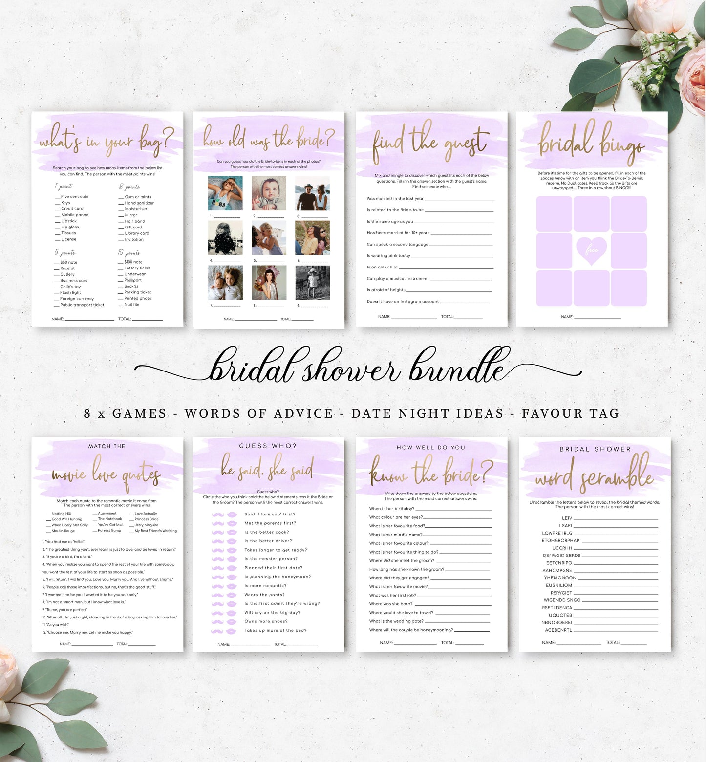 Watercolour Purple | Printable Bridal Shower Games Bundle