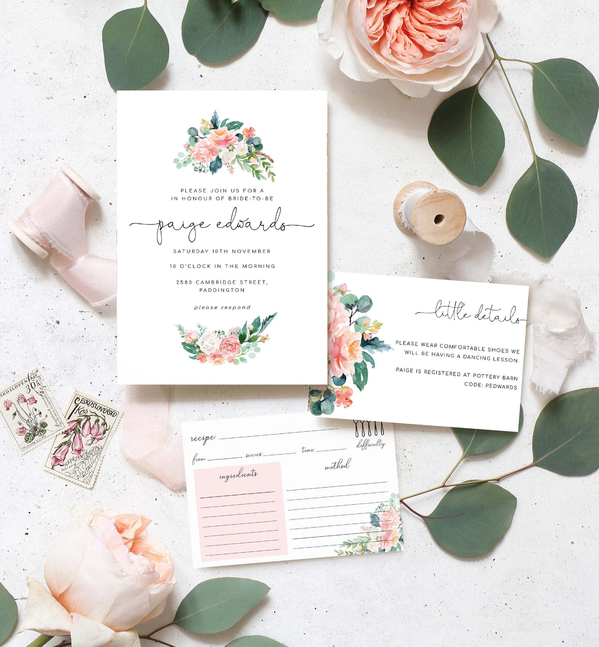 Afternoon Blooms | Printable Bridal Shower Invitation Suite Template - Black Bow Studio