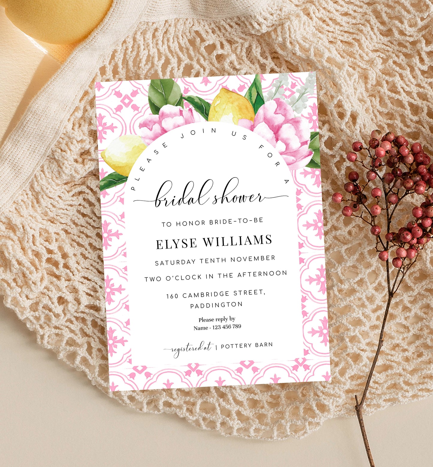 The Med Arch Pink Lemons | Printable Bridal Shower Invitation Suite Template