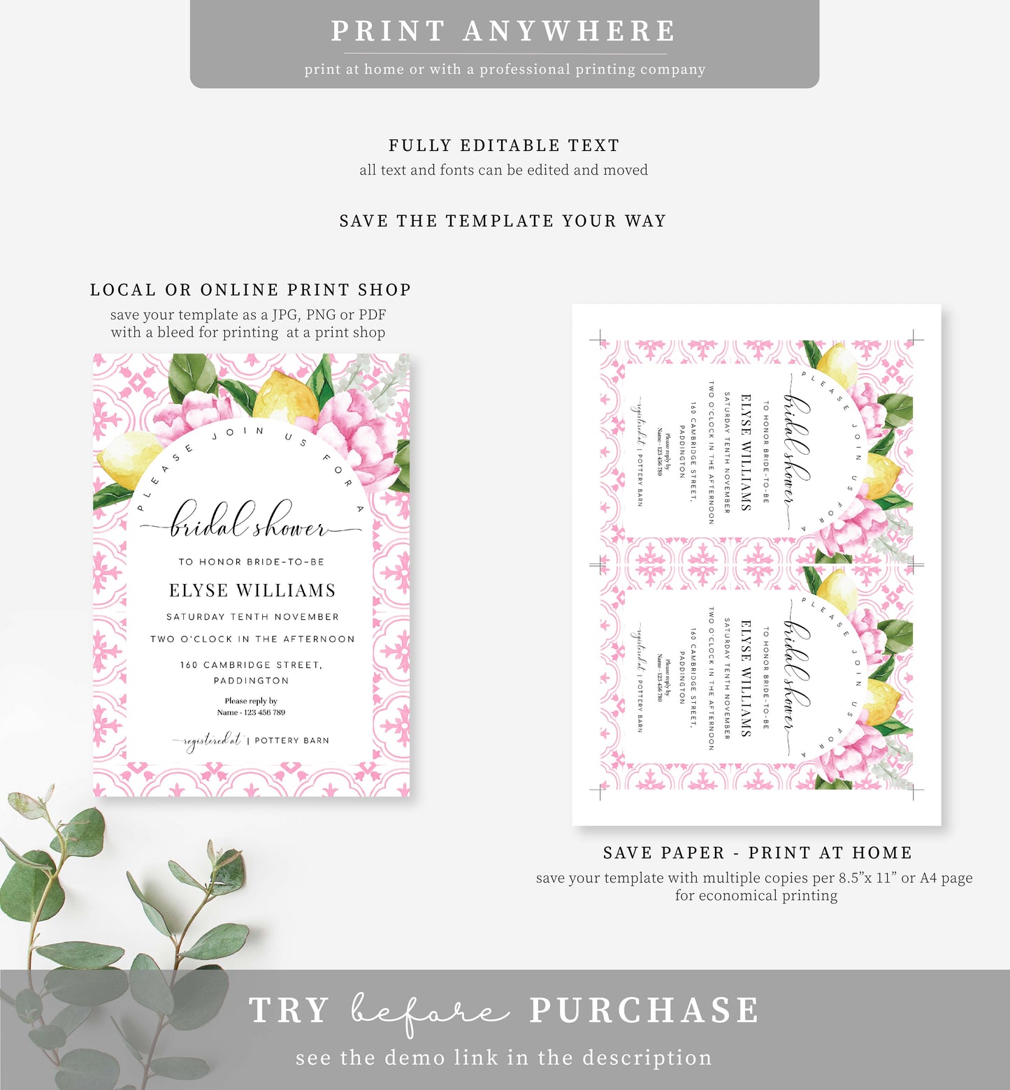 The Med Arch Pink Lemons | Printable Bridal Shower Invitation Suite Template