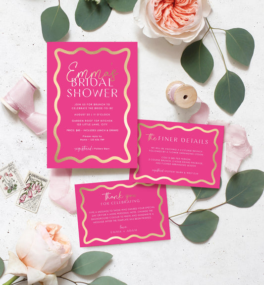 Wave Hot Pink Gold | Printable Bridal Shower Invitation Suite Template