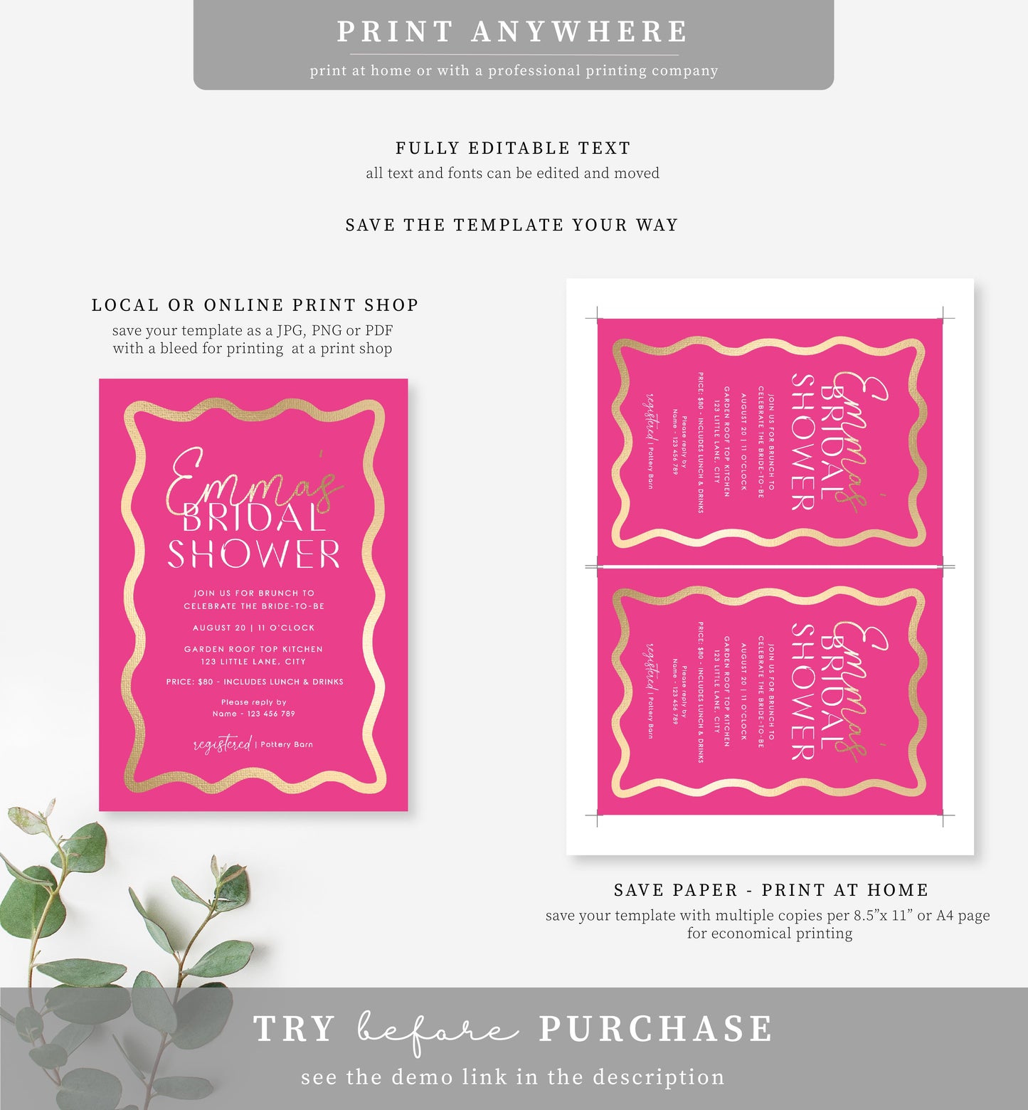 Wave Hot Pink Gold | Printable Bridal Shower Invitation Template