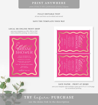 Wave Hot Pink Gold | Printable Bridal Shower Invitation Template