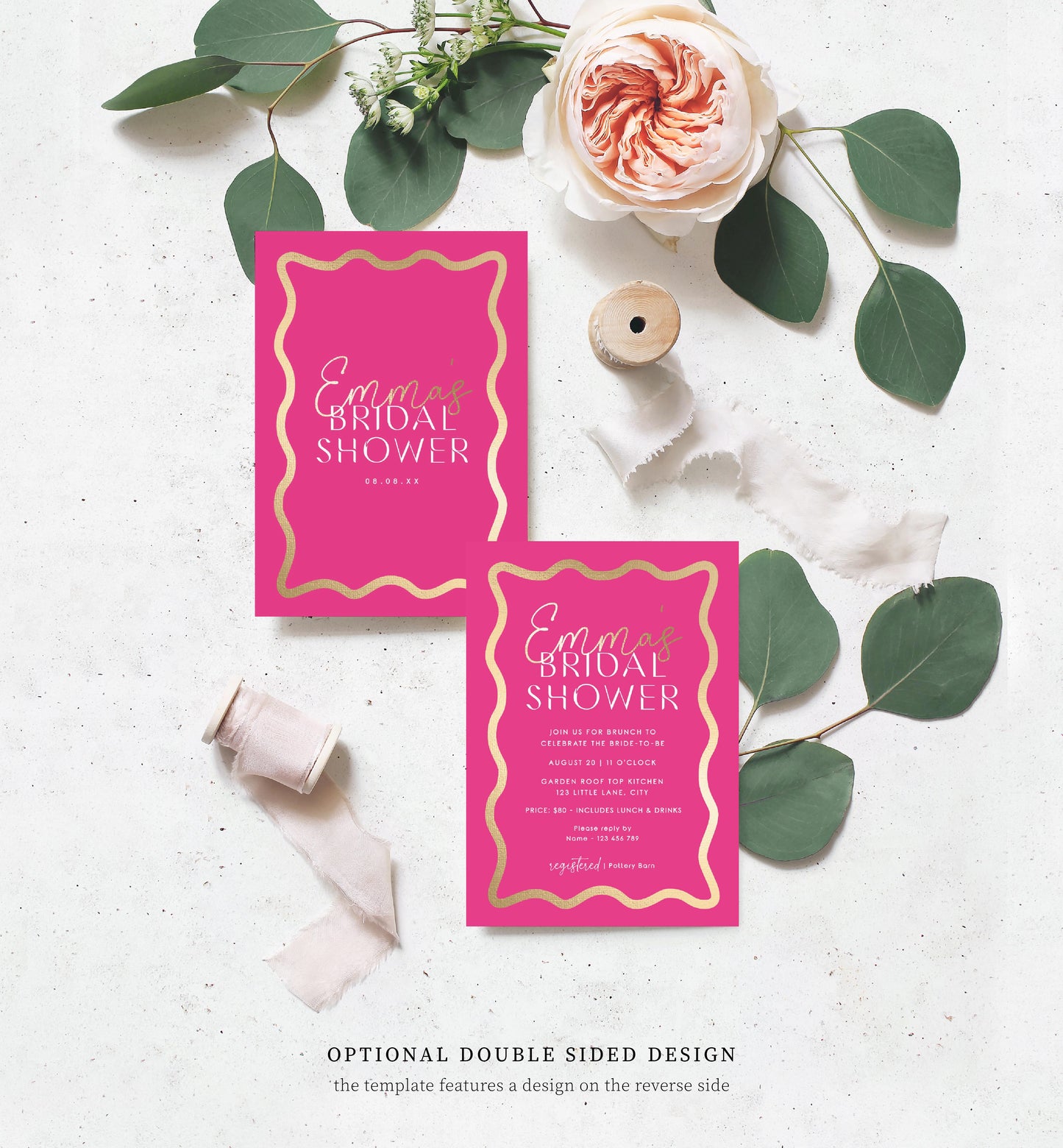 Wave Hot Pink Gold | Printable Bridal Shower Invitation Template