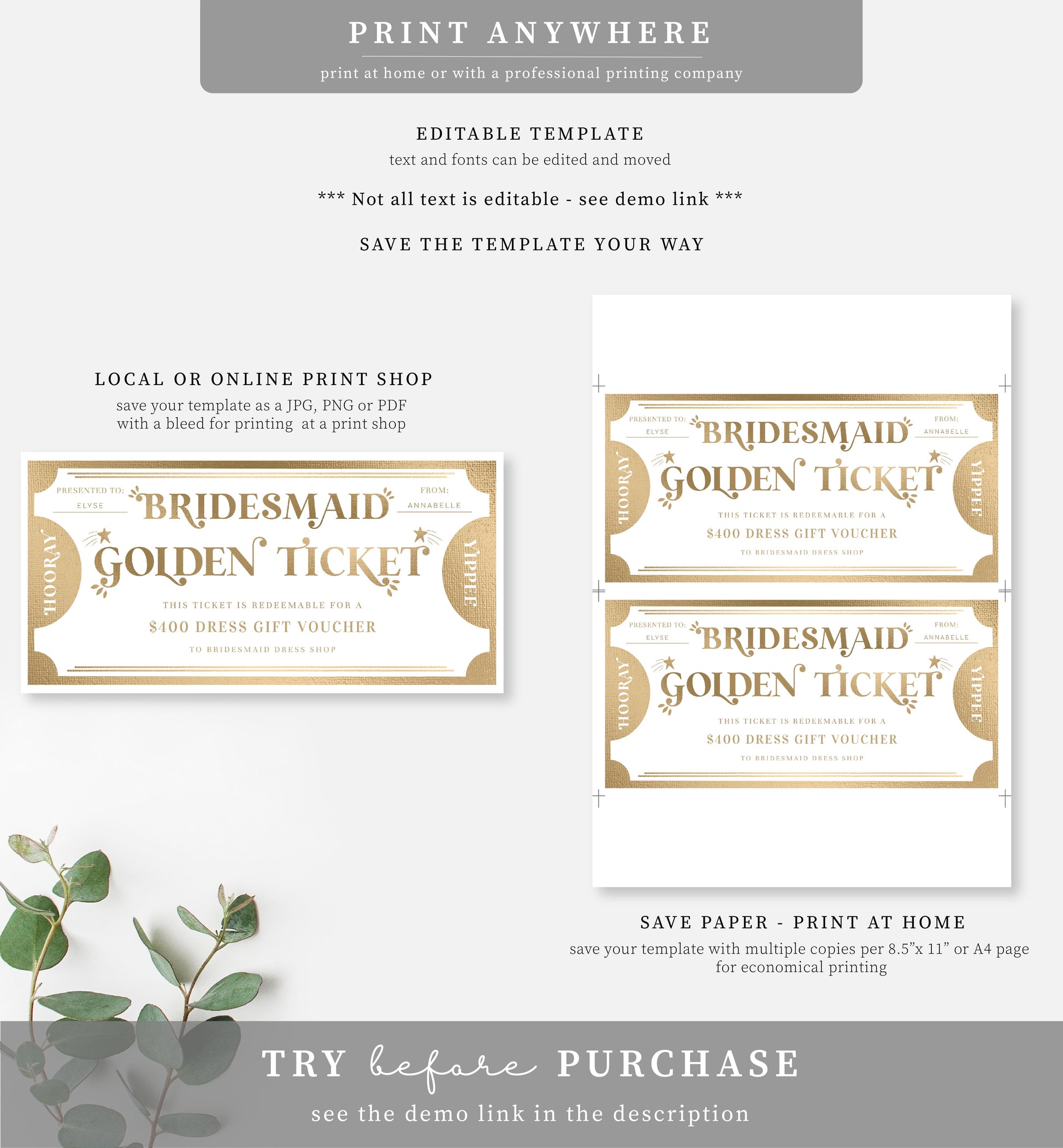 Golden Ticket Gold | Printable Bridesmaid Custom Gift Voucher Template Black Bow Studio Golden Ticket Gold | Printable Bridesmaid Custom Gift Voucher Template Black Bow Studio
