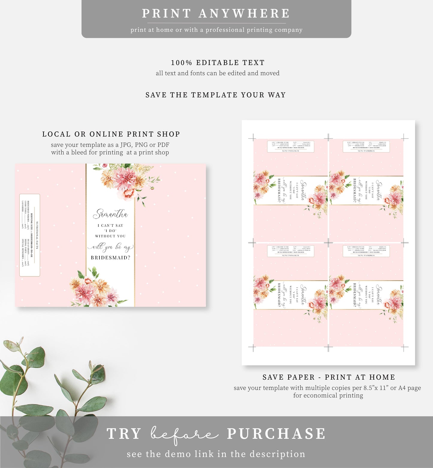 Quinn Floral Pink | Printable Bridesmaid Proposal Chocolate Bar Wrappers Template