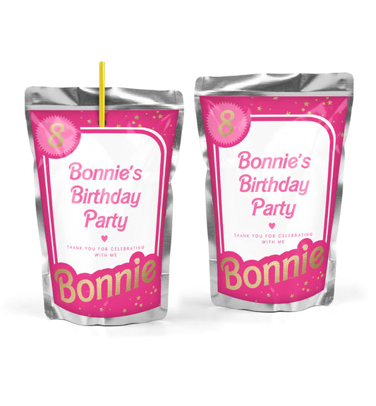 Barbie Party Hot Pink Gold | Printable Juice Pouch Label Template